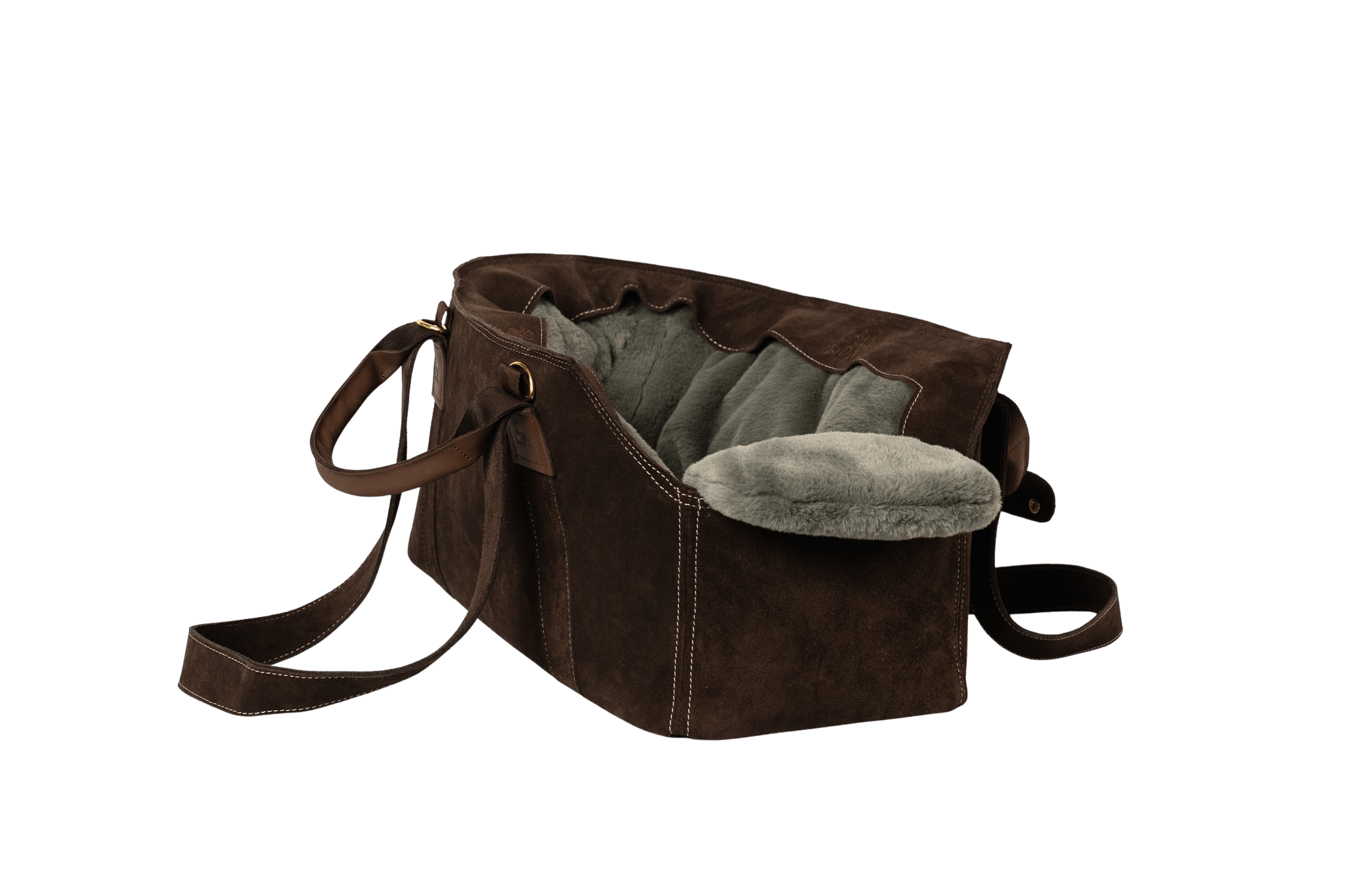 Gretas Luxus Wildleder-Hundetasche in Dunkelbraun mit grau-grün-silberfarbenem Flausch-Inlay, hochwertige Tragetasche für Hunde bis 9 kg, Premium-Design für kleine bis mittelgroße Hunde