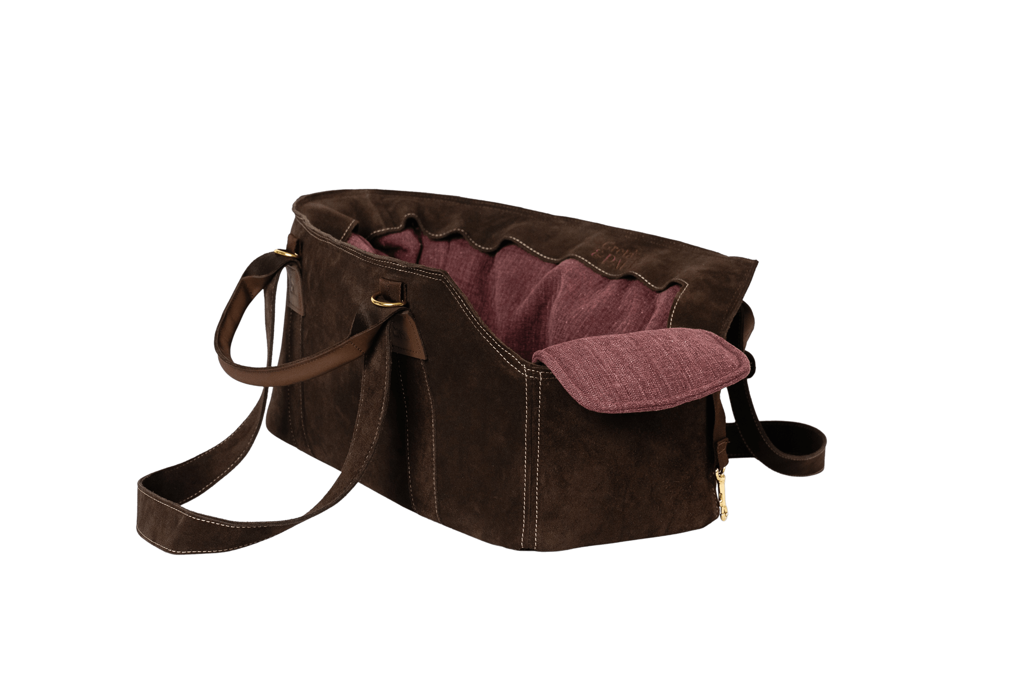 Gretas Luxus Wildleder-Hundetasche in Dunkelbraun mit lilafarbenem Leinen-Inlay