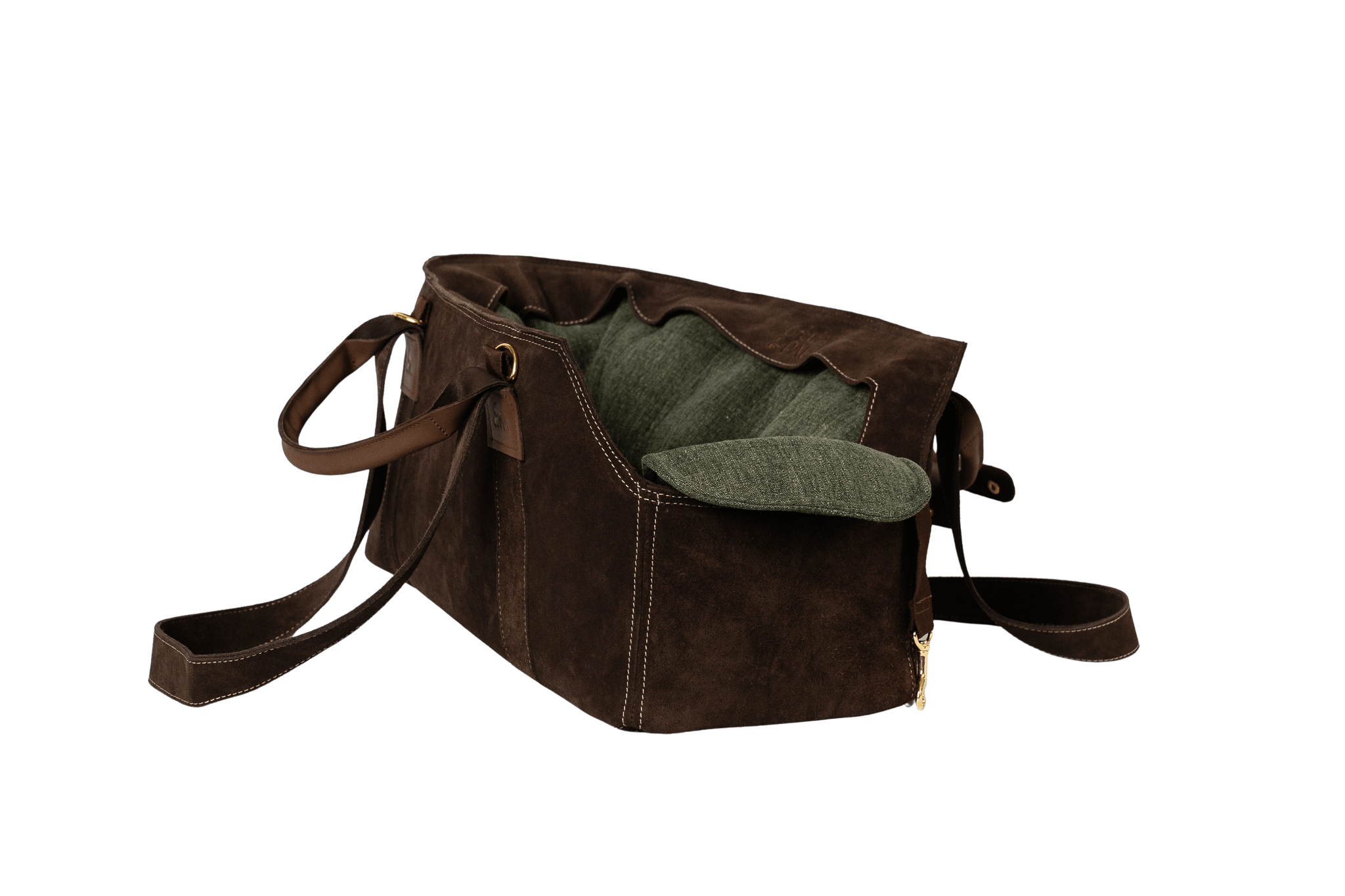 Gretas Luxus Wildleder-Hundetasche in Dunkelbraun mit olivgrünem Leinen-Inlay, hochwertige Tragetasche für Hunde bis 9 kg, Premium-Design für kleine bis mittelgroße Hunde