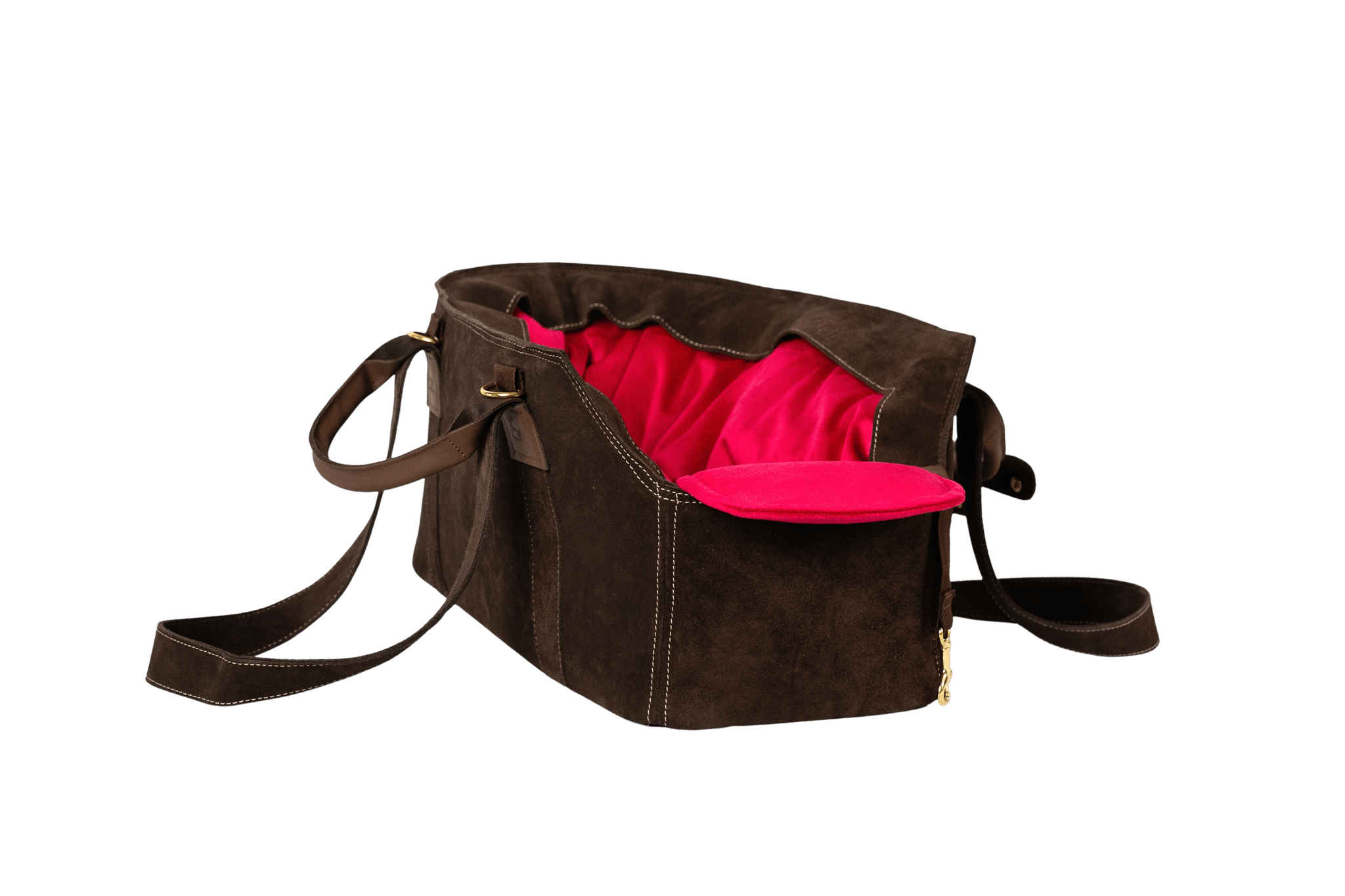 Gretas Luxus Wildleder-Hundetasche in Dunkelbraun mit pinkem Samt-Inlay, hochwertige Tragetasche für Hunde bis 9 kg, Premium-Design für kleine bis mittelgroße Hunde