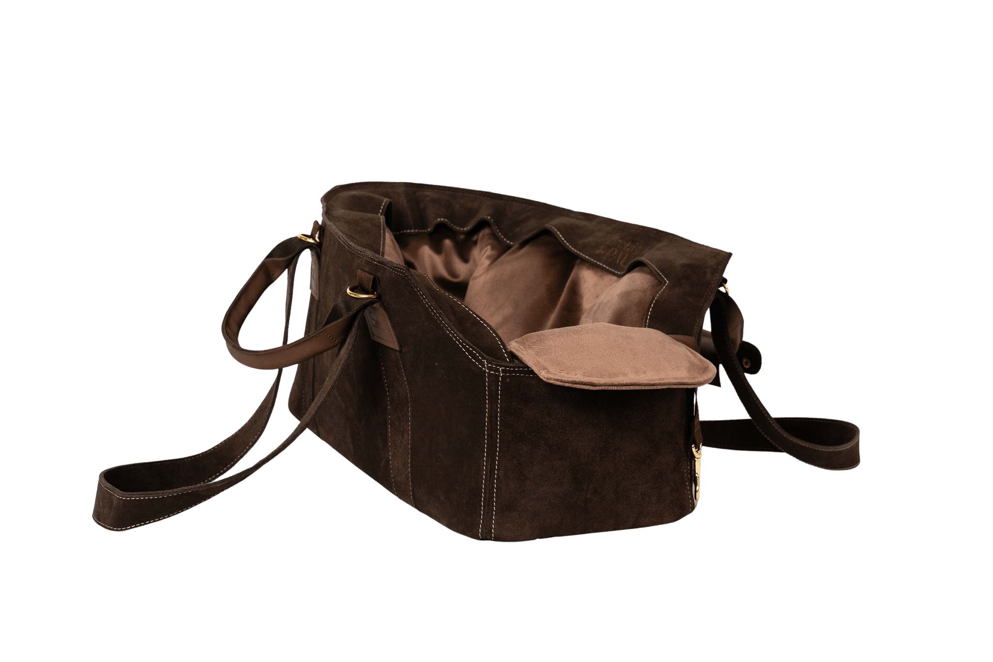 Gretas Luxus Wildleder-Hundetasche in Dunkelbraun mit taupefarbenem Samt-Inlay, hochwertige Tragetasche für Hunde bis 9 kg, Premium-Design für kleine bis mittelgroße Hunde