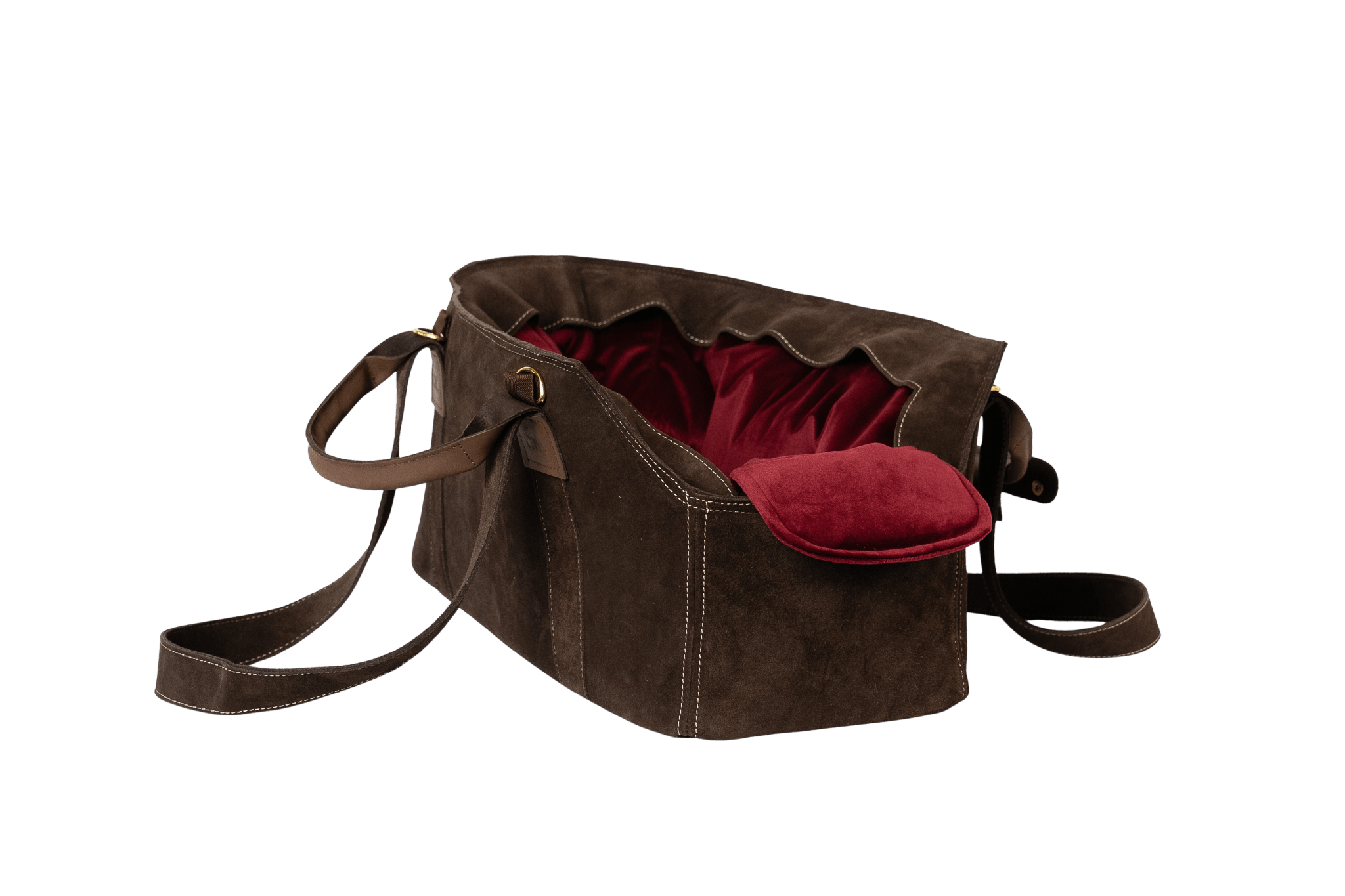 Gretas Luxus Wildleder-Hundetasche in Dunkelbraun mit very-berryfarbenem Samt-Inlay, hochwertige Tragetasche für Hunde bis 9 kg, Premium-Design für kleine bis mittelgroße Hunde