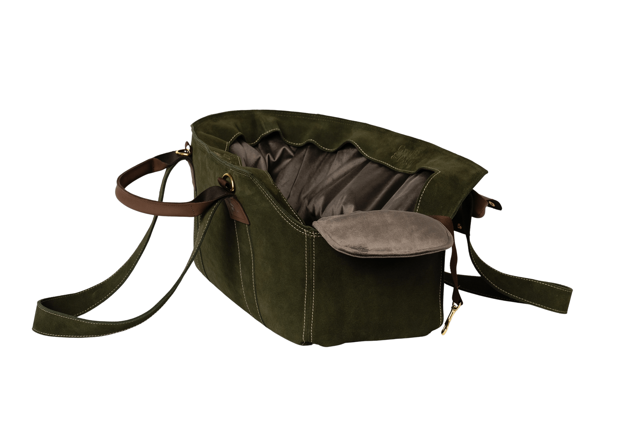 Gretas Luxus Wildleder-Hundetasche in Khaki mit anthrazitfarbenem Samt-Inlay, hochwertige Tragetasche für Hunde bis 9 kg, Premium-Design für kleine bis mittelgroße Hunde