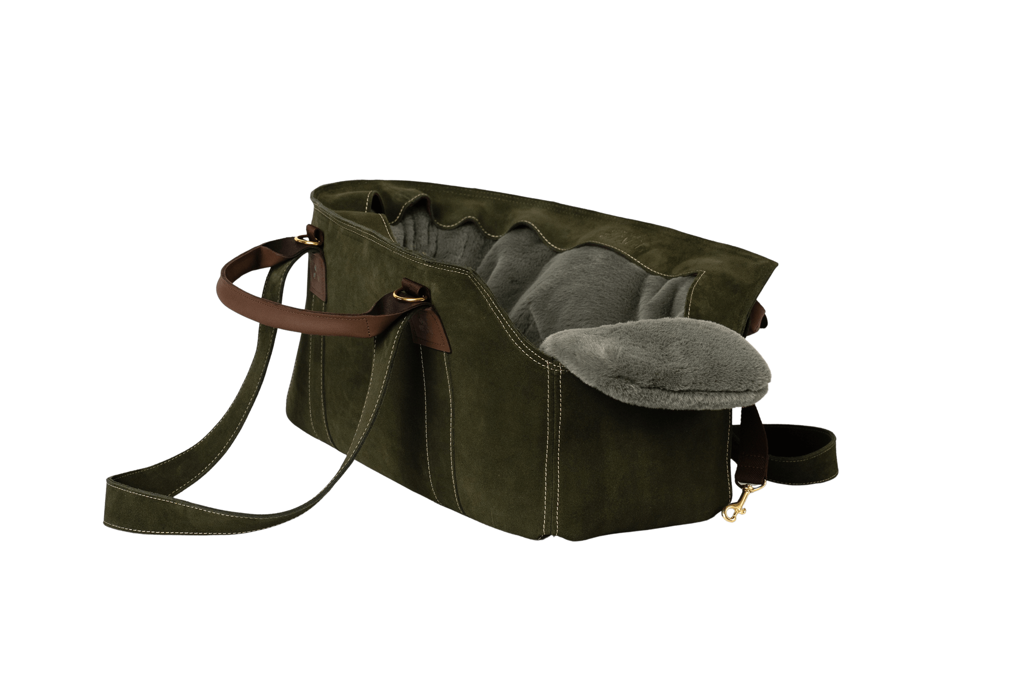 Gretas Luxus Wildleder-Hundetasche in Khaki mit grau-grün-silberfarbenem Flausch-Inlay, hochwertige Tragetasche für Hunde bis 9 kg, Premium-Design für kleine bis mittelgroße Hunde