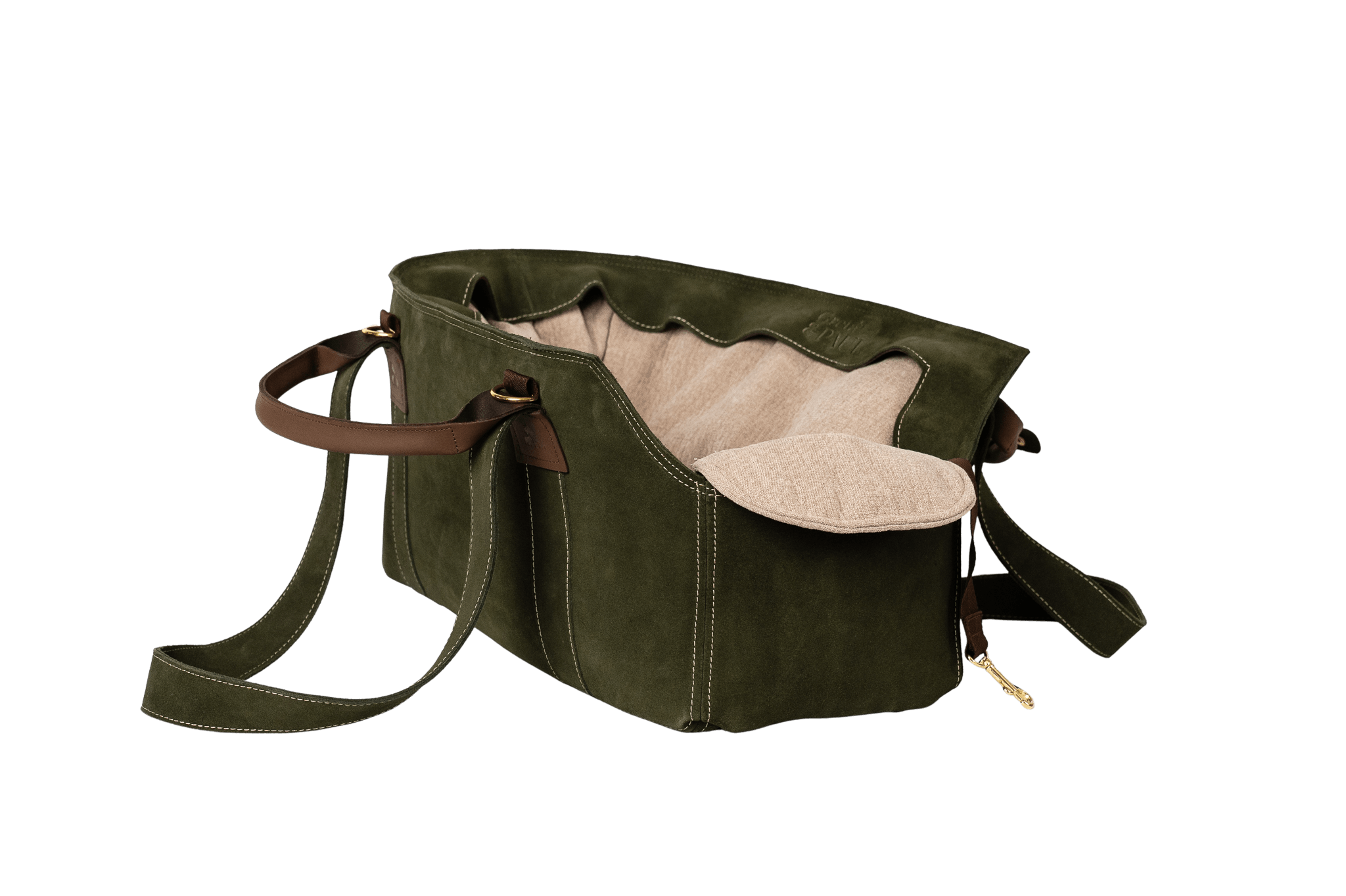 Gretas Luxus Wildleder-Hundetasche in Khaki mit hellbeigefarbenem Leinen-Inlay, hochwertige Tragetasche für Hunde bis 9 kg, Premium-Design für kleine bis mittelgroße Hunde