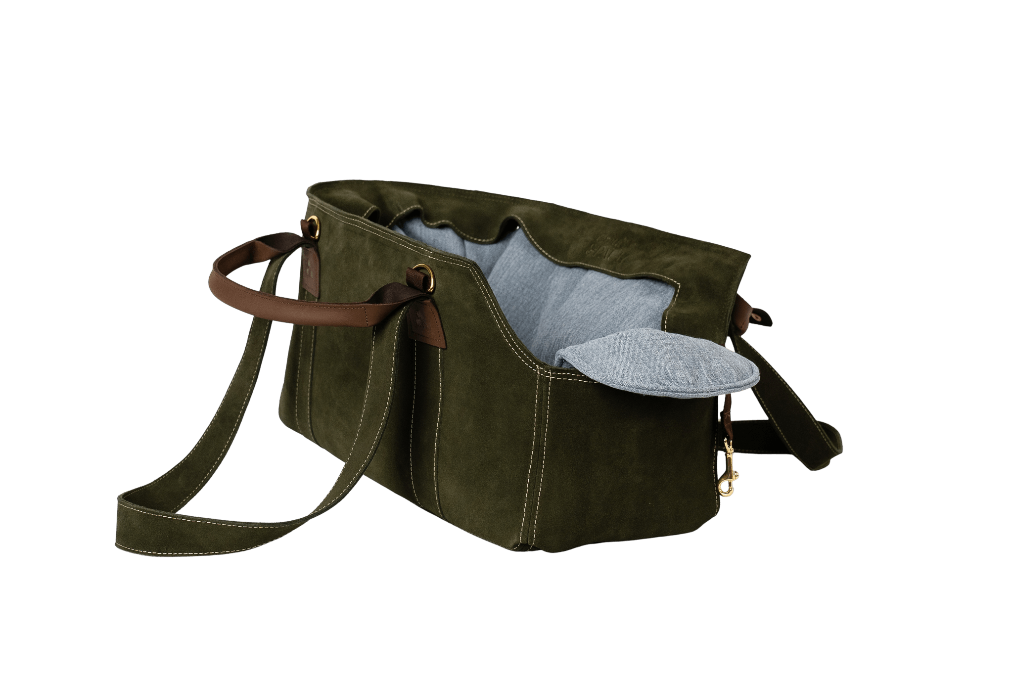 Gretas Luxus Wildleder-Hundetasche in Khaki mit hellblauem Leinen-Inlay, hochwertige Tragetasche für Hunde bis 9 kg, Premium-Design für kleine bis mittelgroße Hunde