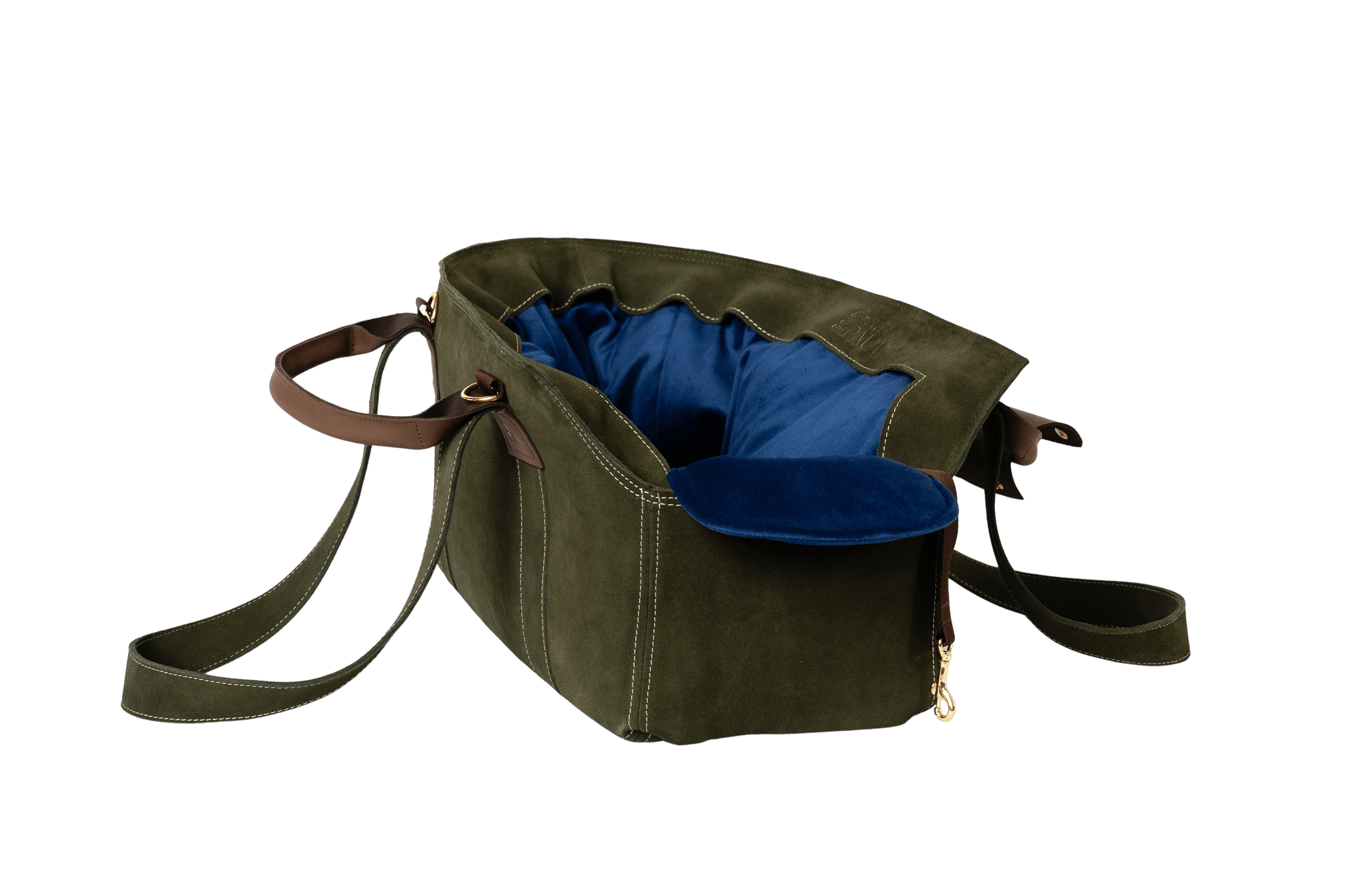 Gretas Luxus Wildleder-Hundetasche in Khaki mit königsblauem Samt-Inlay, hochwertige Tragetasche für Hunde bis 9 kg, Premium-Design für kleine bis mittelgroße Hunde