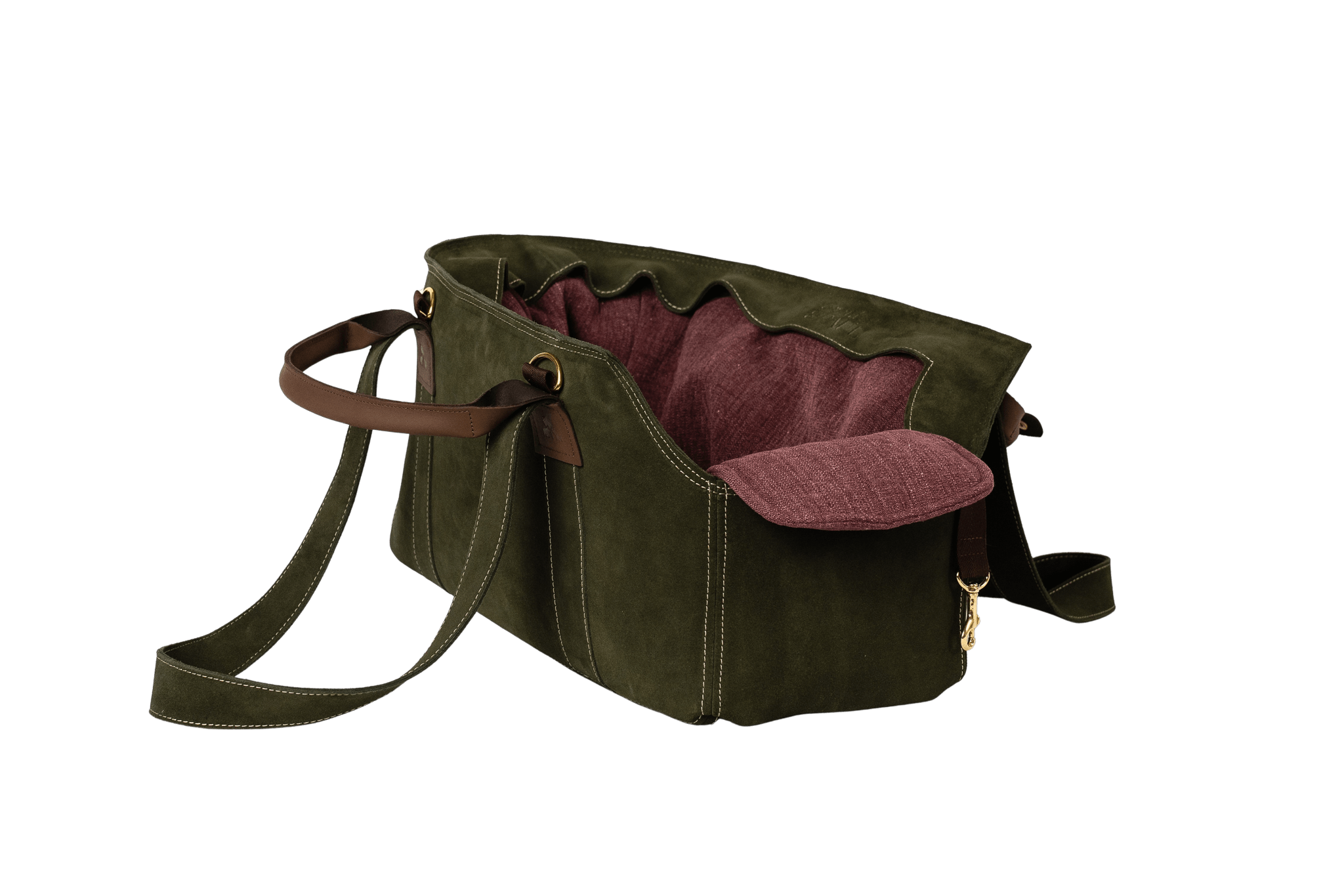 Gretas Luxus Wildleder-Hundetasche in Khaki mit lilafarbenem Leinen-Inlay, hochwertige Tragetasche für Hunde bis 9 kg, Premium-Design für kleine bis mittelgroße Hunde