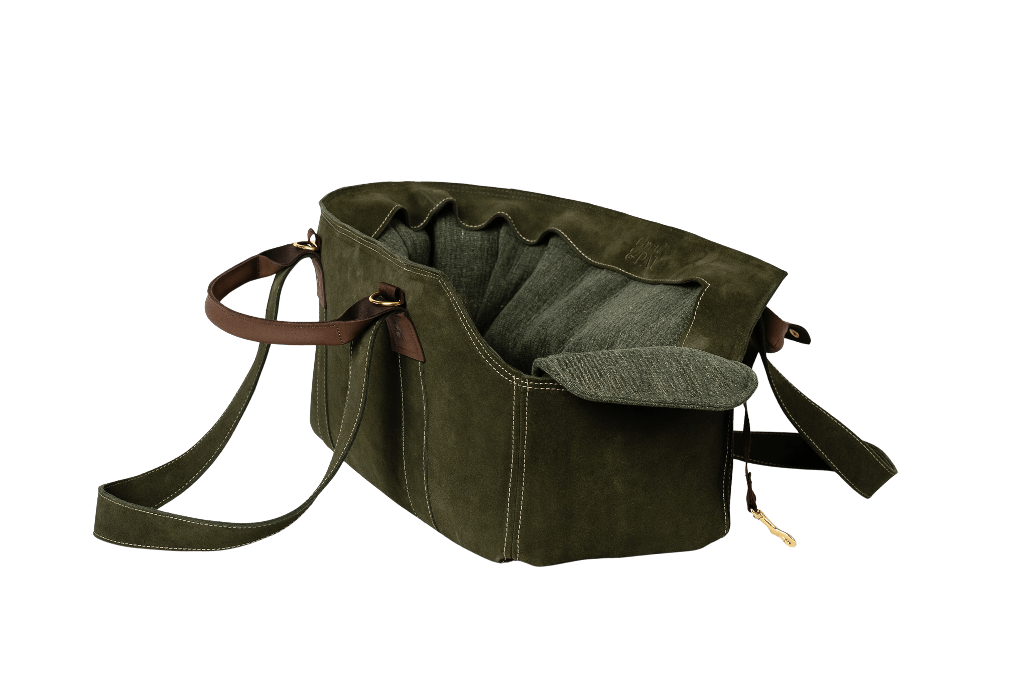 Gretas Luxus Wildleder-Hundetasche in Khaki mit olivgrünem Leinen-Inlay, hochwertige Tragetasche für Hunde bis 9 kg, Premium-Design für kleine bis mittelgroße Hunde