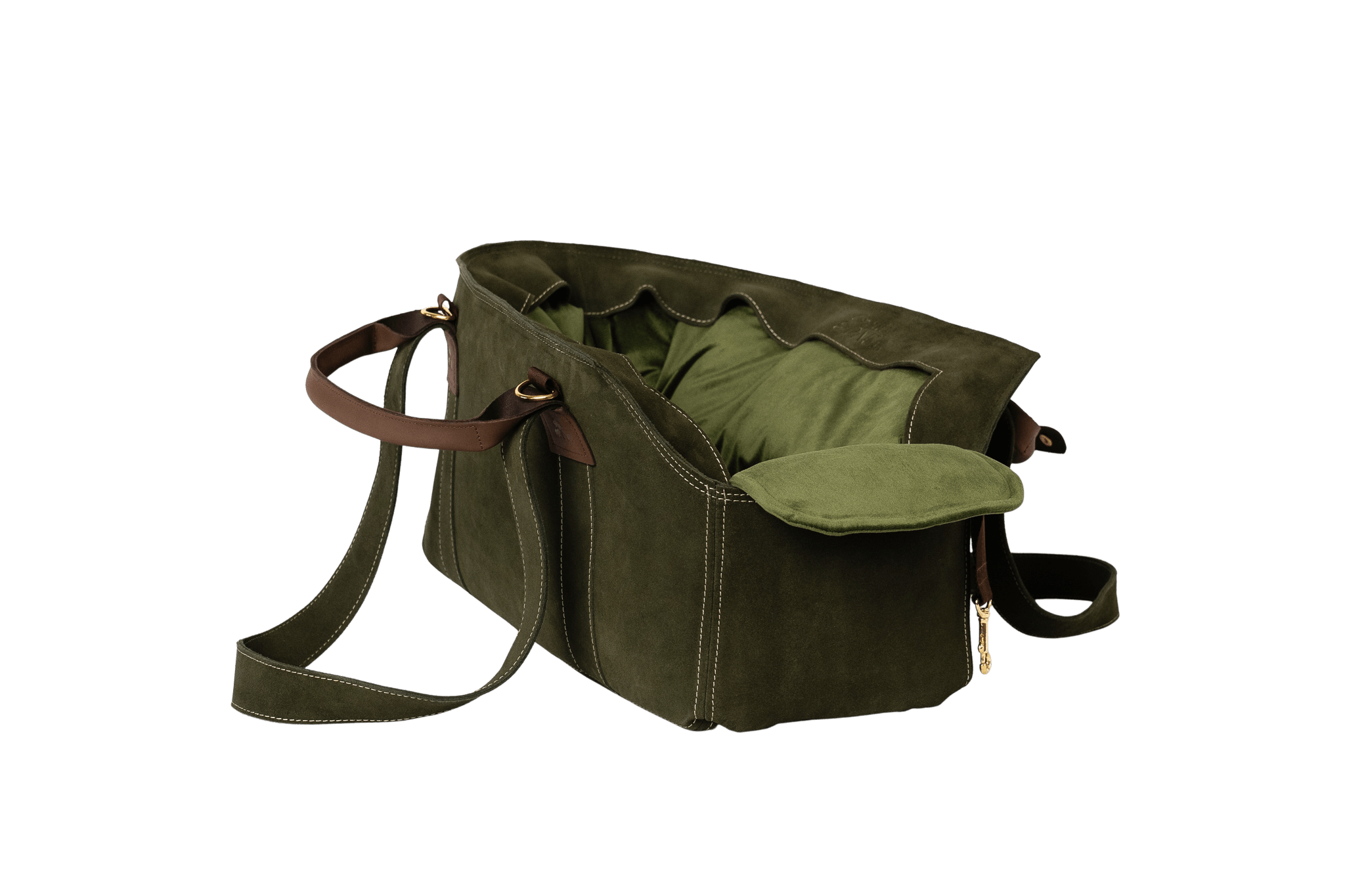 Gretas Luxus Wildleder-Hundetasche in Khaki mit olivgrünem Samt-Inlay, hochwertige Tragetasche für Hunde bis 9 kg, Premium-Design für kleine bis mittelgroße Hunde