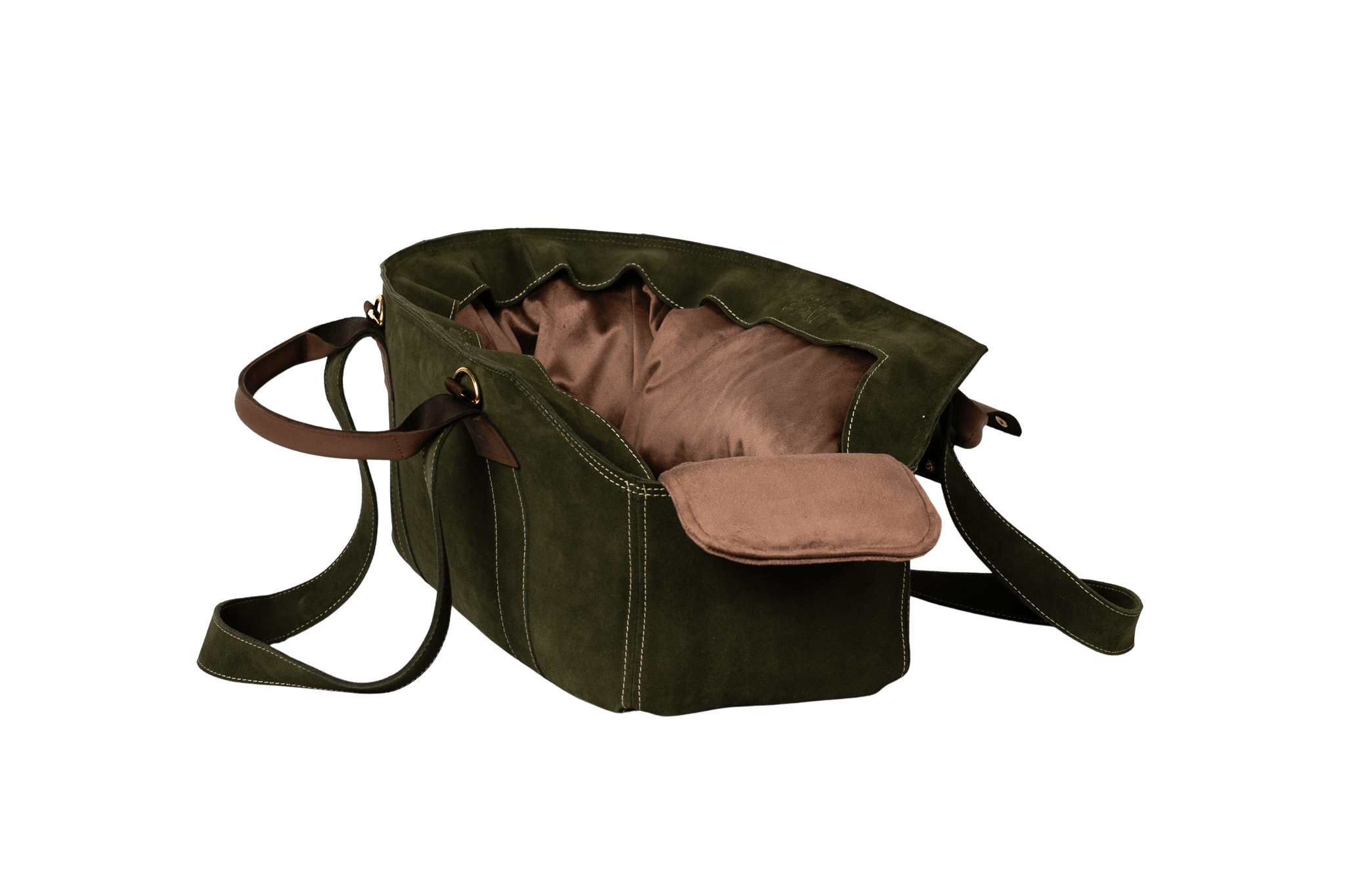 Gretas Luxus Wildleder-Hundetasche in Khaki mit taupefarbenem Samt-Inlay, hochwertige Tragetasche für Hunde bis 9 kg, Premium-Design für kleine bis mittelgroße Hunde