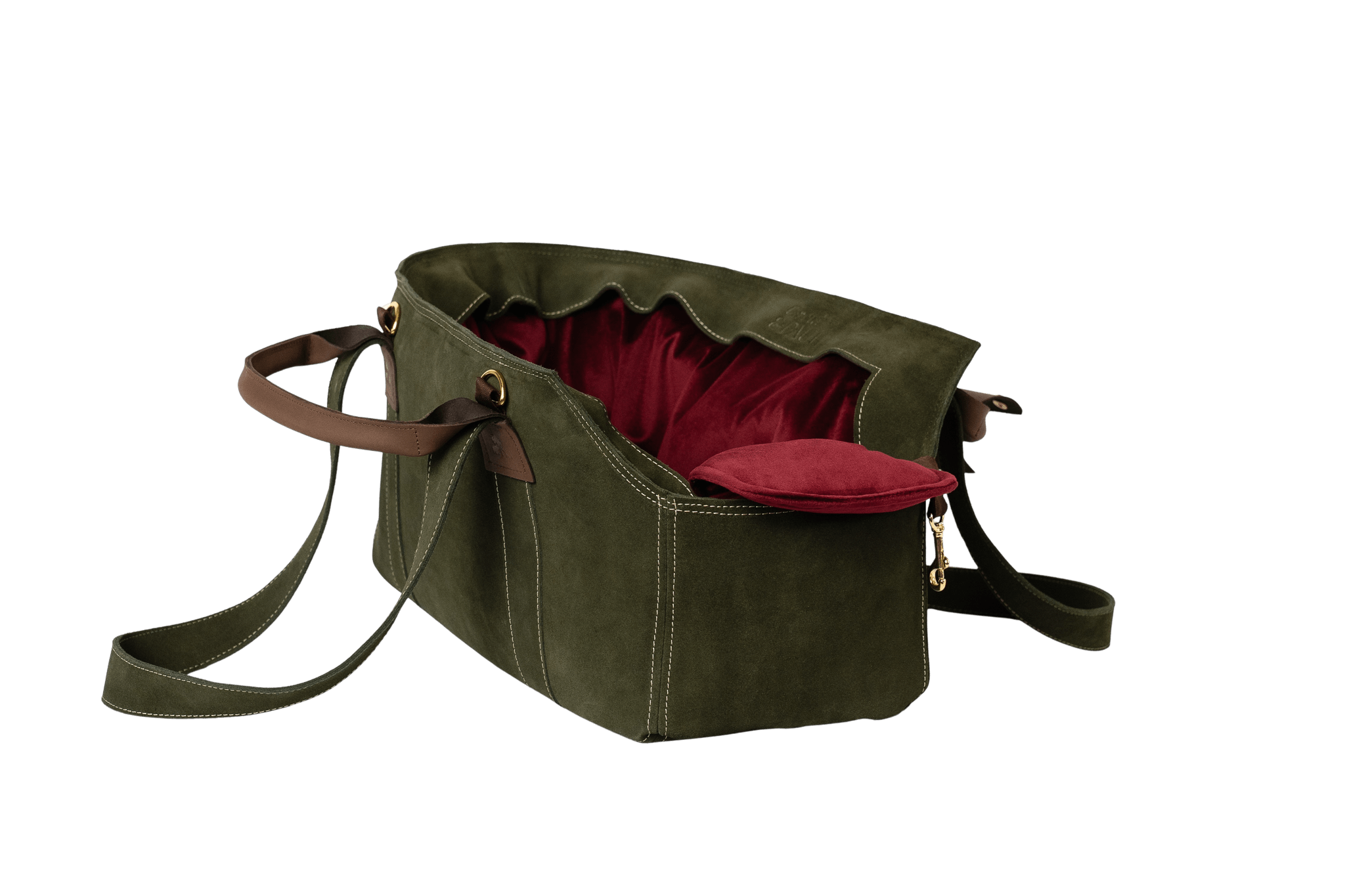 Gretas Luxus Wildleder-Hundetasche in Khaki mit very-berryfarbenem Samt-Inlay, hochwertige Tragetasche für Hunde bis 9 kg, Premium-Design für kleine bis mittelgroße Hunde