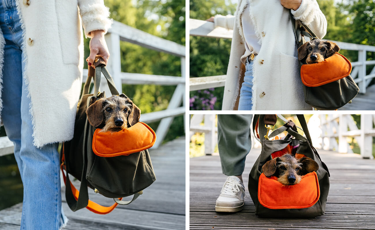 Fotocollage: Gretchen in der Premium Hundetasche Khaki-Orange von Greta & PAUL, getragen von Julia im Park.
