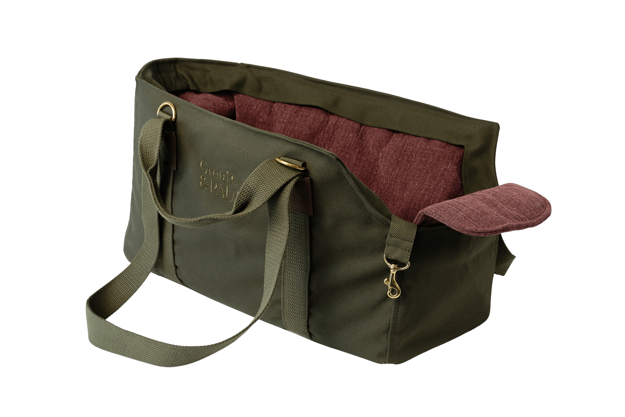 Gretas Premium Hundetasche in Khaki mit lilafarbenem Leinen-Inlay