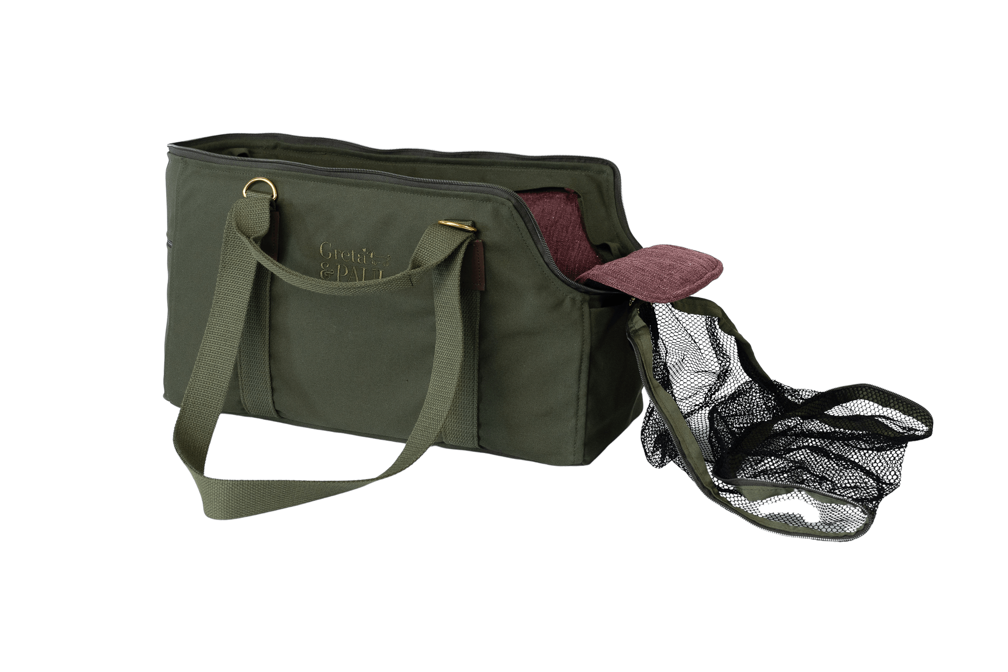Greta's Premium Reise- und Transport-Hundetasche in Khaki mit lilafarbenem Leinen-Inlay, Ansicht mit offenem Netz
