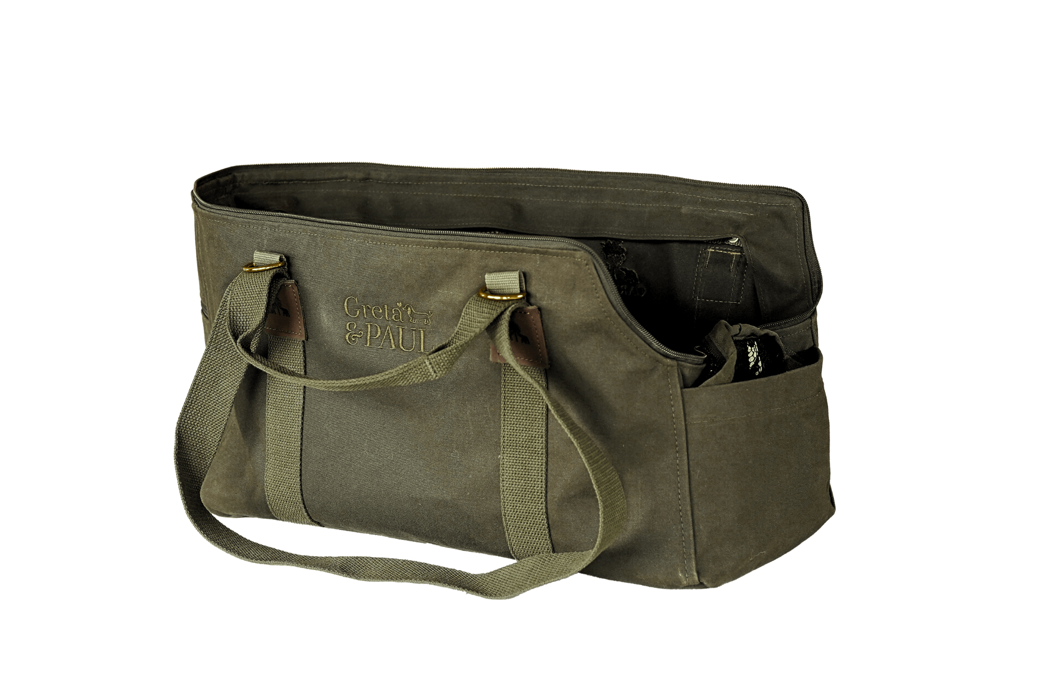 Greta's Premium-Transporttasche in Khaki ohne Inlay, mit robustem, verschließbarem Netzoberteil für eine sichere Belüftung.
