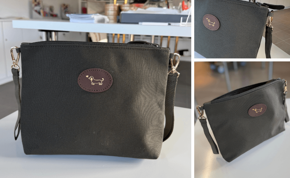 Bildcollage des Greta's Secret Täschchens in Khaki, das die Details wie das Lederlogo und die Trageschlaufe zeigt.
