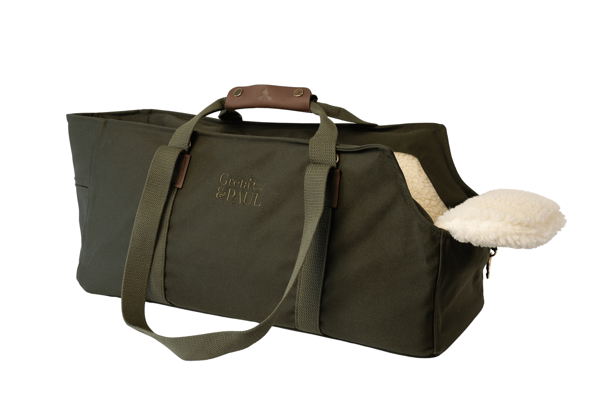 Greta XL Hundetasche in Khaki mit Teddyfell-Inlay, gezeigt in Trageansicht.