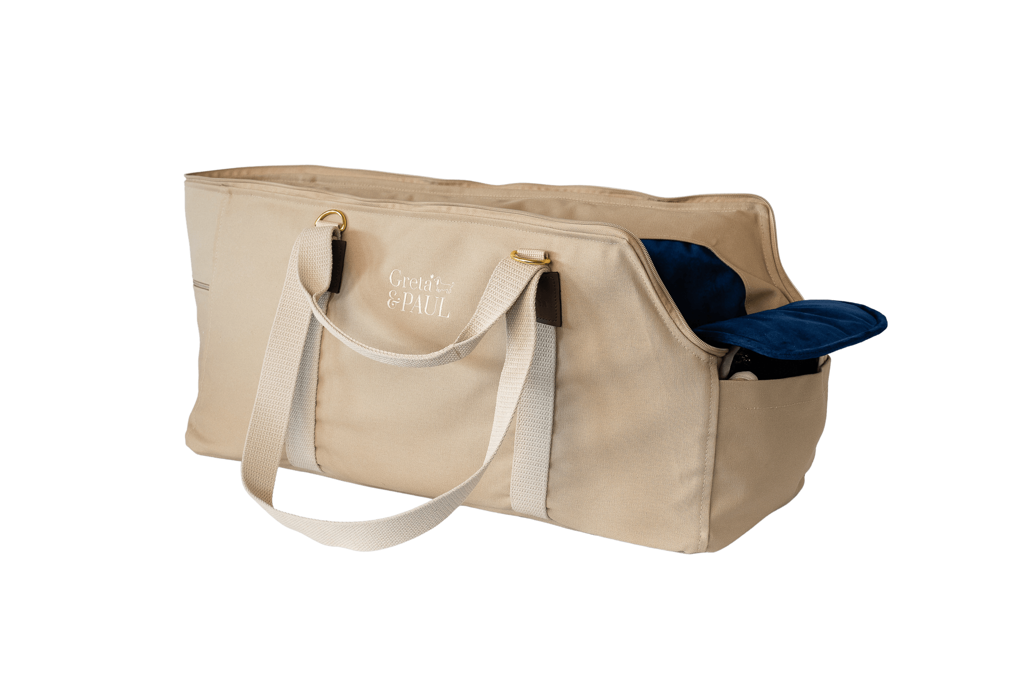 Gretas XL-Hundetasche aus der Sommer-Kollektion in Beige mit königsblauem Samt-Inlay, Ansicht mit verstautem Netz