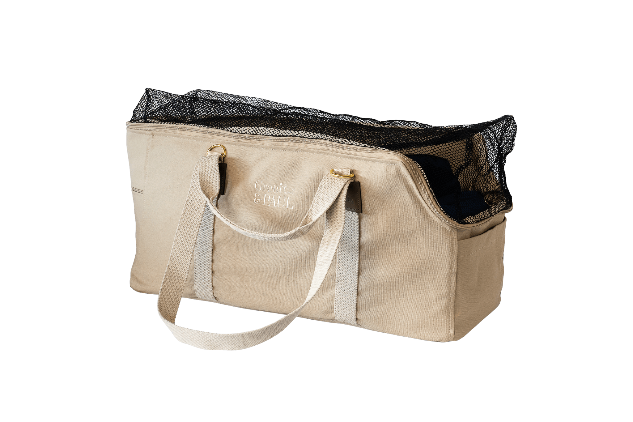 Greta's XL-Hundetasche aus der Sommer-Kollektion in Beige mit königsblauem Samt-Inlay, Ansicht mit geschlossenem Netz
