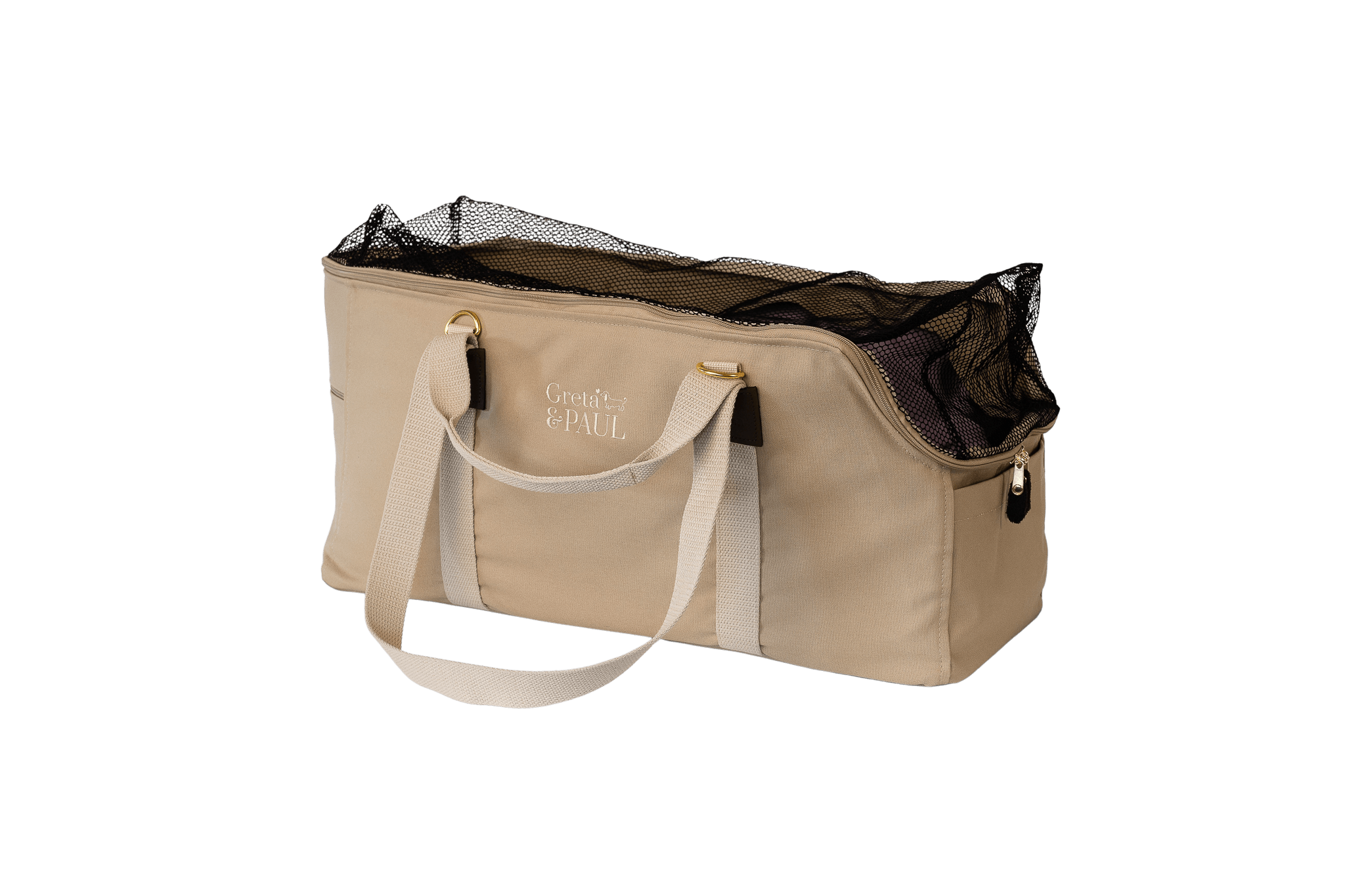 Greta's XL-Hundetasche aus der Sommer-Kollektion in Beige mit fliederfarbenem Samt-Inlay, Ansicht mit geschlossenem Netz
