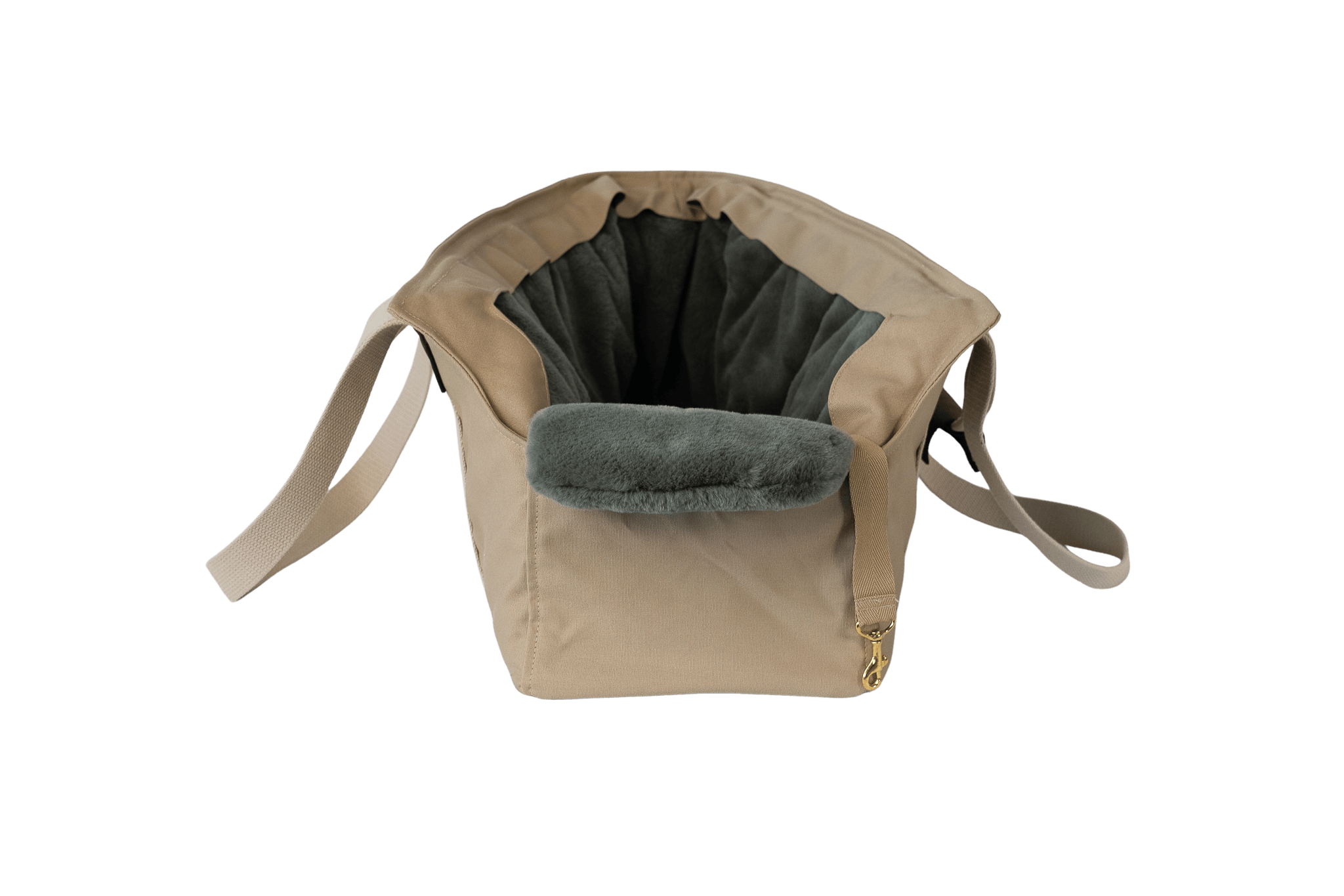 Gretas XL-Hundetasche aus der Sommer-Kollektion in Beige mit grün-grau-siberfarbenem Flausch-Inlay, Vorderansicht, ohne Netz