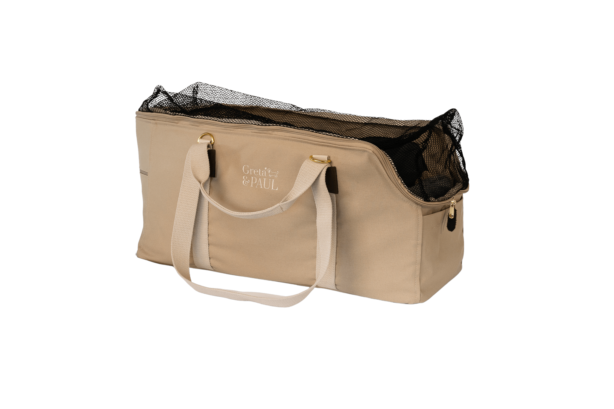 Greta's XL-Hundetasche aus der Sommer-Kollektion in Beige mit grau-grün-silbernem Flausch-Inlay, Ansicht mit geschlossenem Netz
