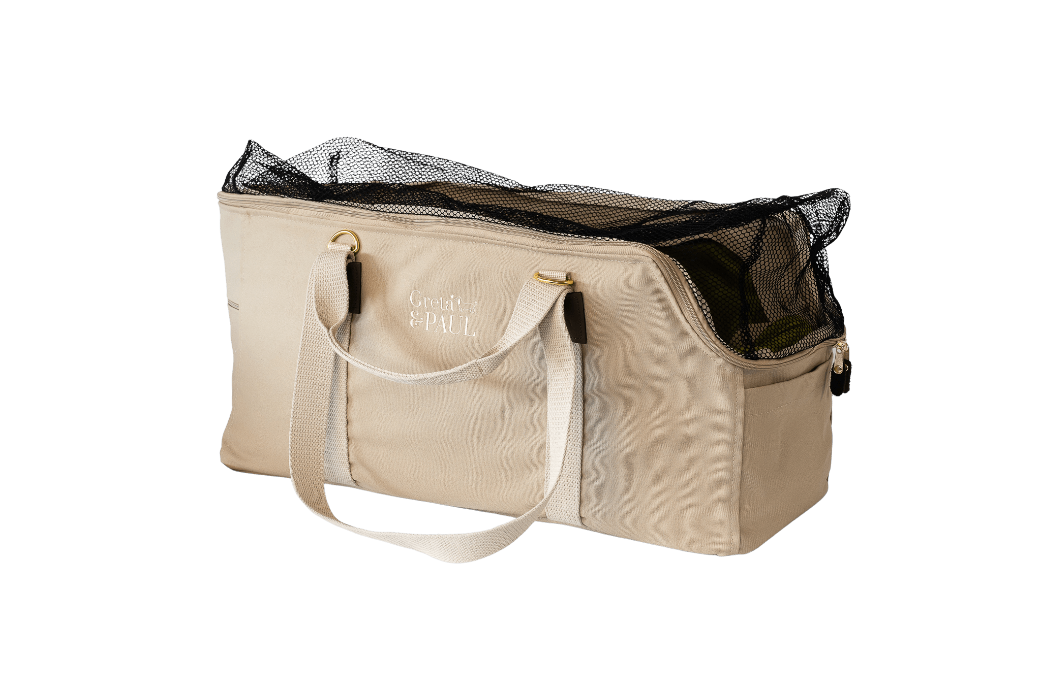 Gretas XL-Hundetasche aus der Sommer-Kollektion in Beige mit olivgrünem Samt-Inlay, Ansicht mit geschlossenem Netz
