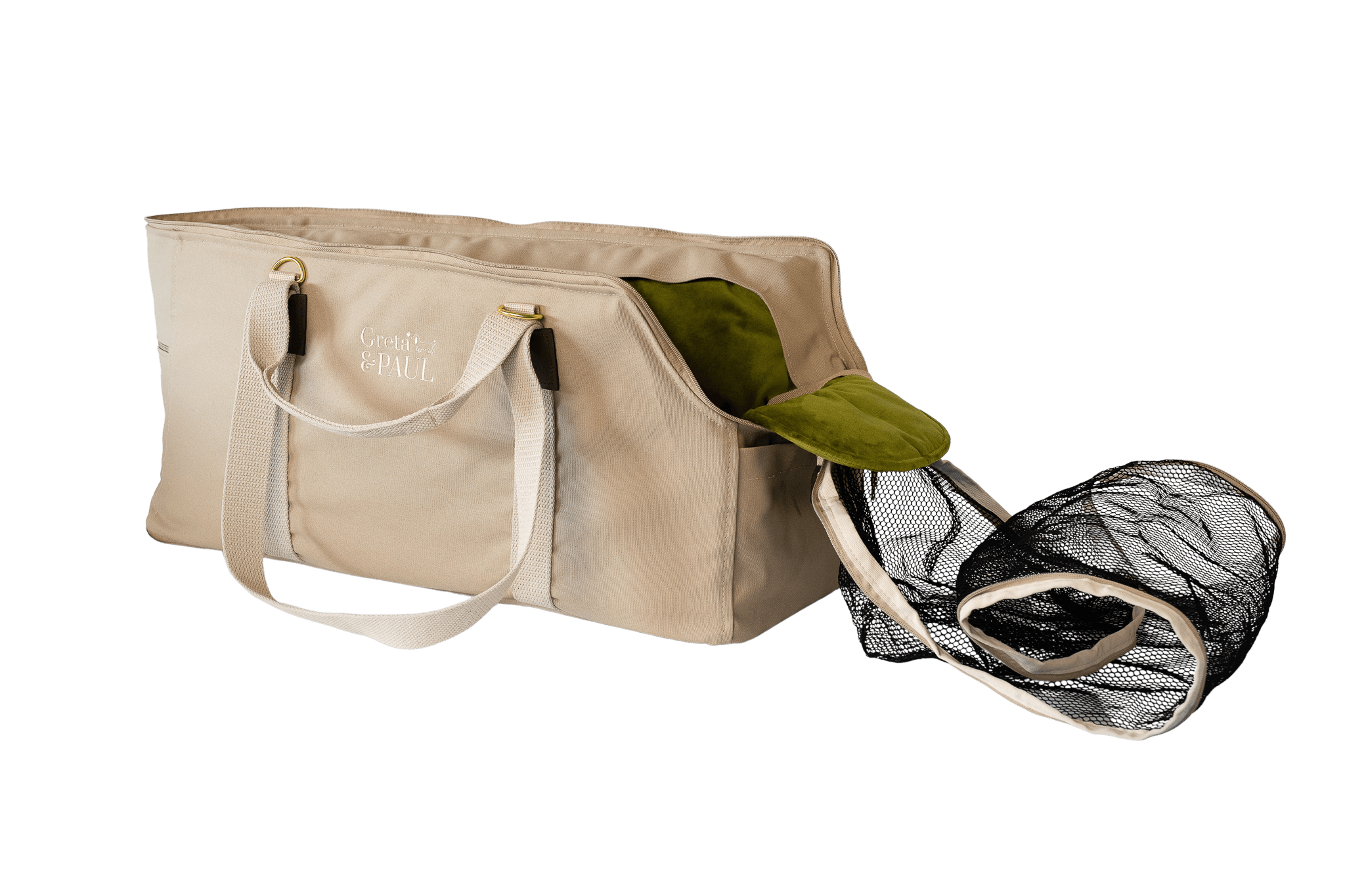 Gretas XL-Hundetasche der Sommer-Kollektion in Beige mit olivgrünem Samt-Inlay, offene Ansicht mit Sicherheitsnetz