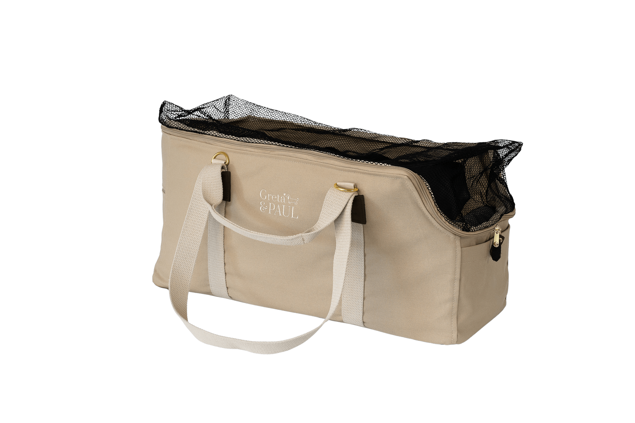 Greta's XL-Hundetasche aus der Sommer-Kollektion in Beige mit anthrazitfarbenem Samt-Inlay, Ansicht mit geschlossenem Netz
