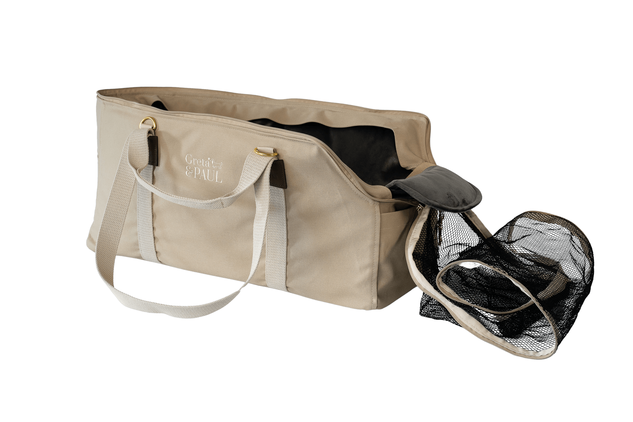 Greta's XL-Hundetasche aus der Sommer-Kollektion in Beige mit anthrazitfarbenem Samt-Inlay, Ansicht mit offenem Netz
