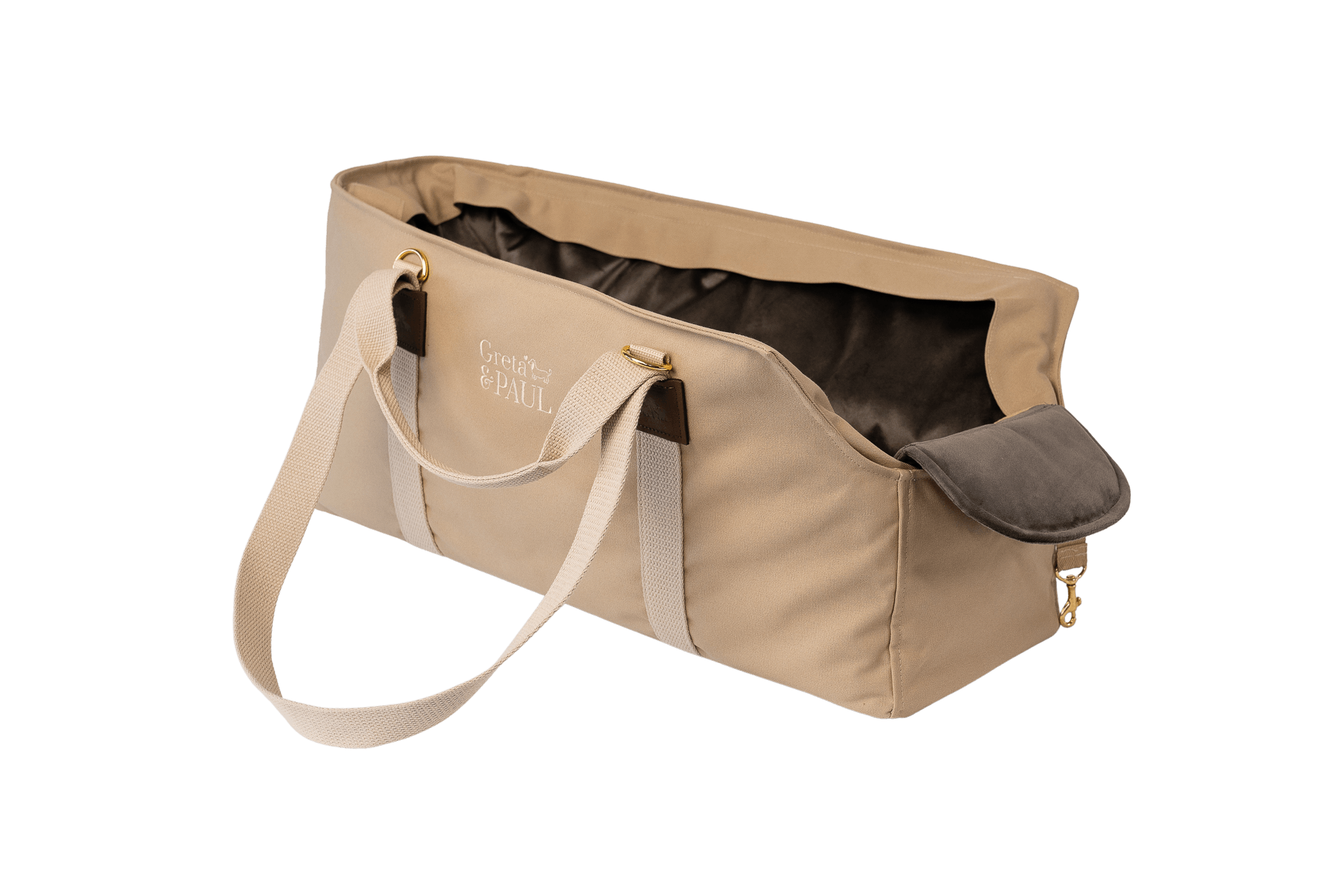 Greta's XL-Hundetasche aus der Sommer-Kollektion in Beige mit anthrazitfarbenem Samt-Inlay.

