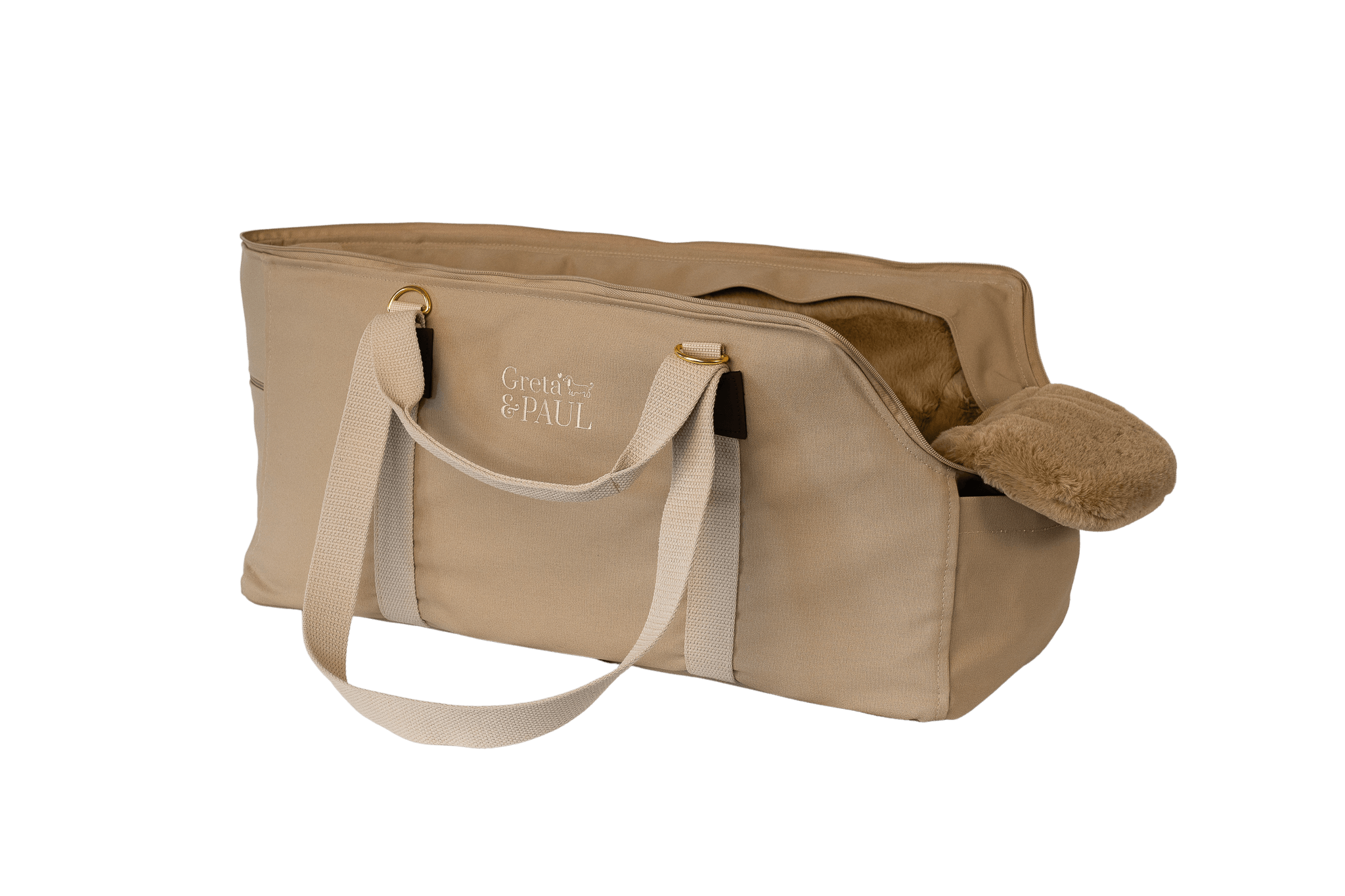Gretas XL-Hundetasche aus der Sommer-Kollektion in Beige mit beige-goldfarbenem Flausch-Inlay, Ansicht mit verstautem Netz