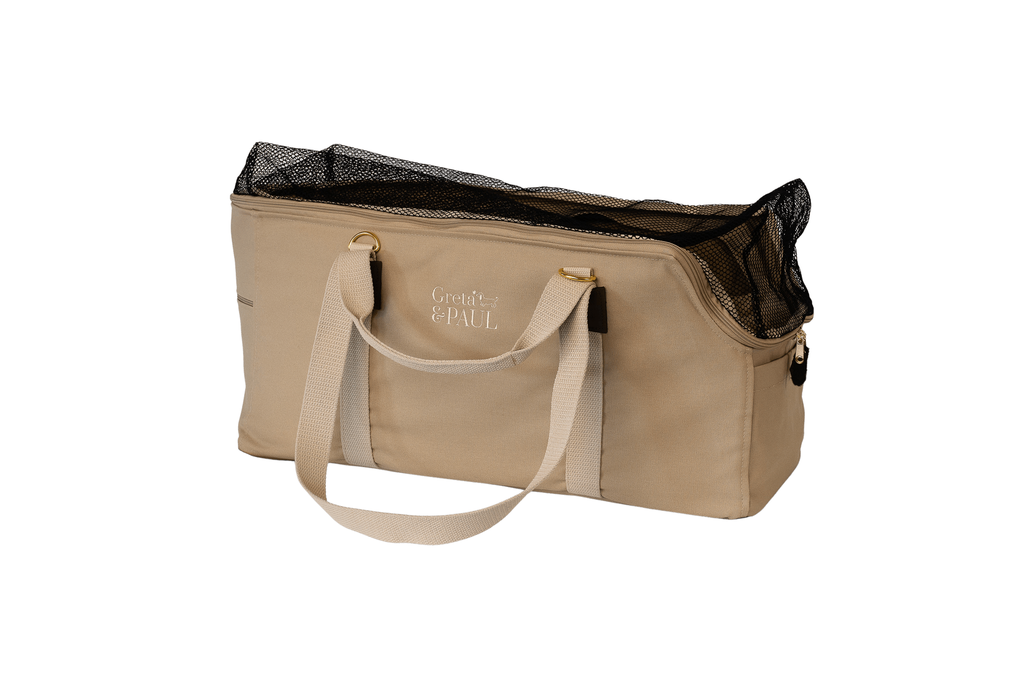 Greta's XL-Hundetasche aus der Sommer-Kollektion in Beige mit beige-goldfarbenem Flausch-Inlay, Ansicht mit geschlossenem Netz
