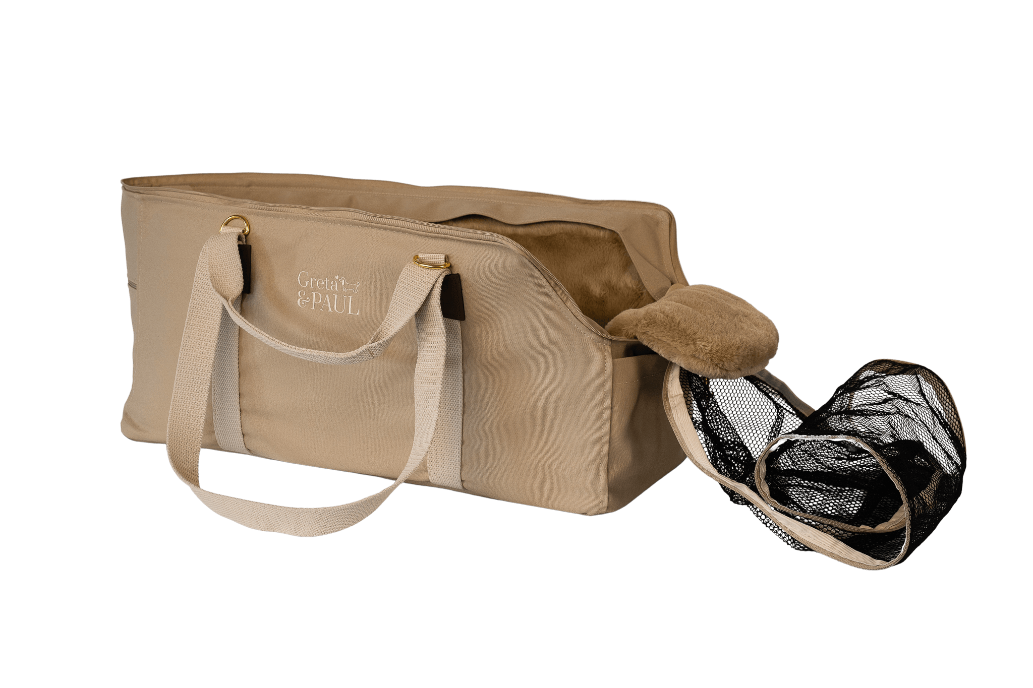 Greta's XL-Hundetasche aus der Sommer-Kollektion in Beige mit beige-goldfarbenem Flausch-Inlay, Ansicht mit offenem Netz
