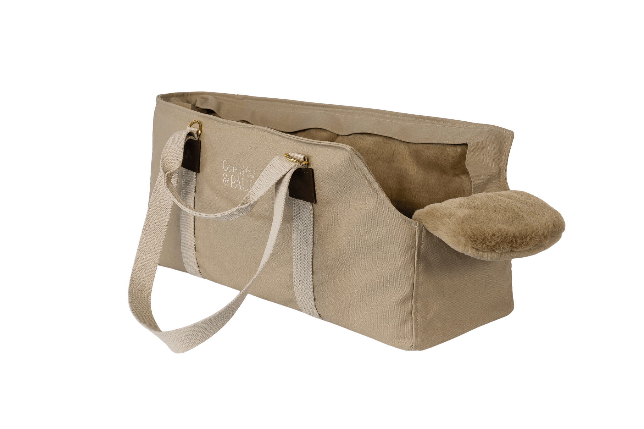Gretas XL-Hundetasche aus der Sommer-Kollektion in Beige mit beige-goldfarbenem Flausch-Inlay, ohne Netz