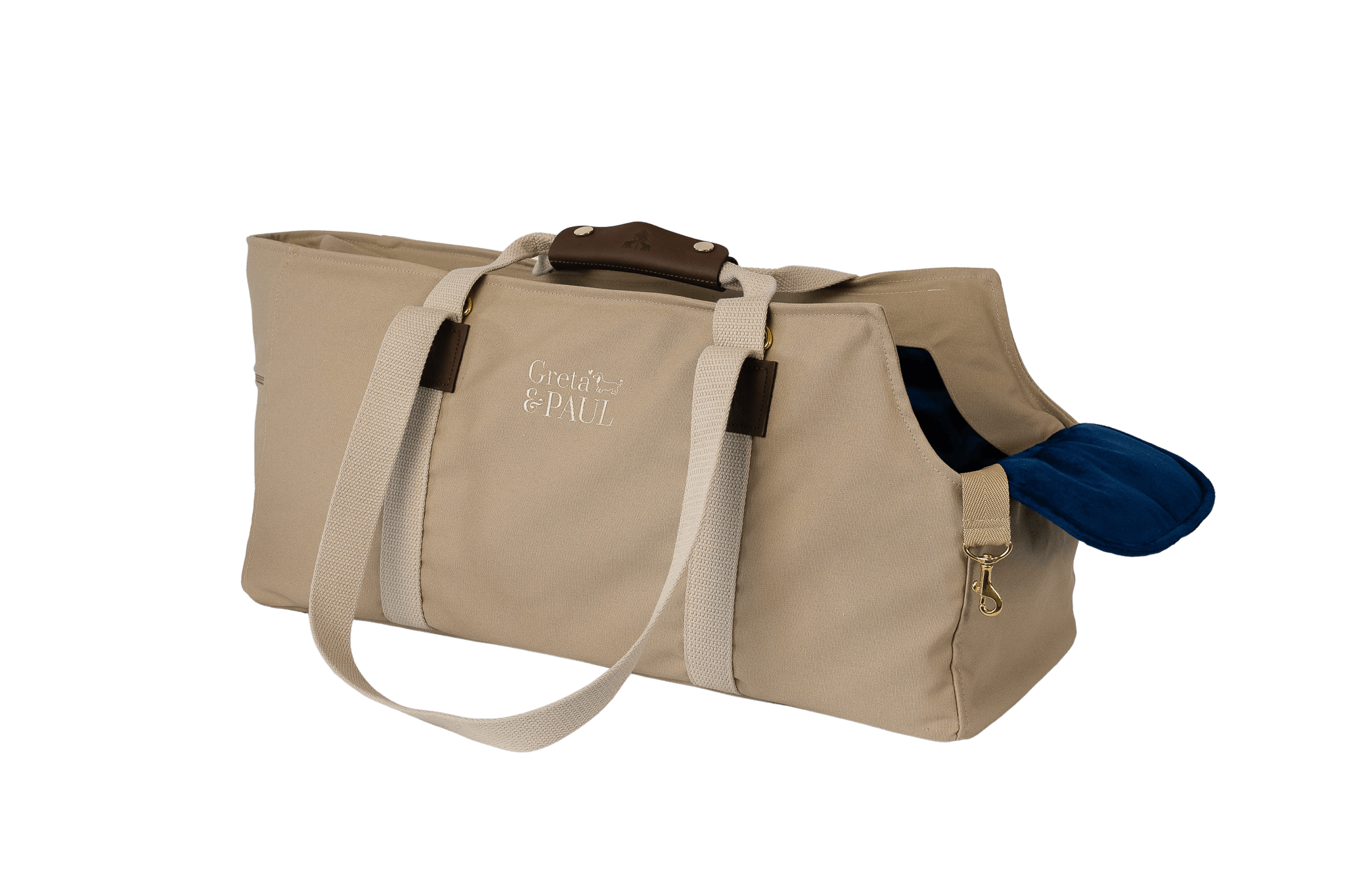 Gretas XL-Hundetasche aus der Sommer-Kollektion in Beige mit königsblauem Samt-Inlay, Trageansicht, ohne Netz