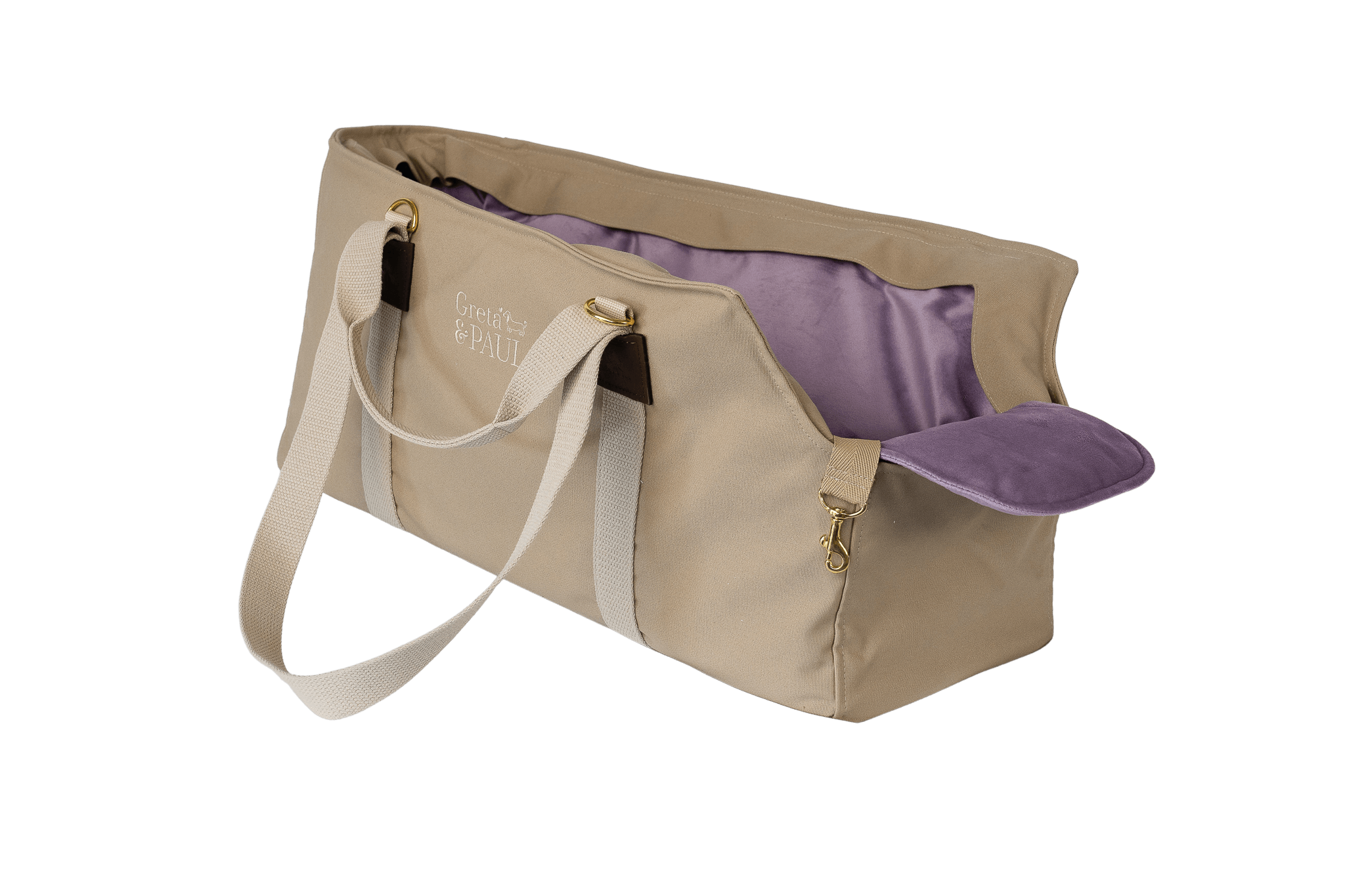 Gretas XL-Hundetasche aus der Sommer-Kollektion in Beige mit fliederfarbenem Samt-Inlay, ohne Netz