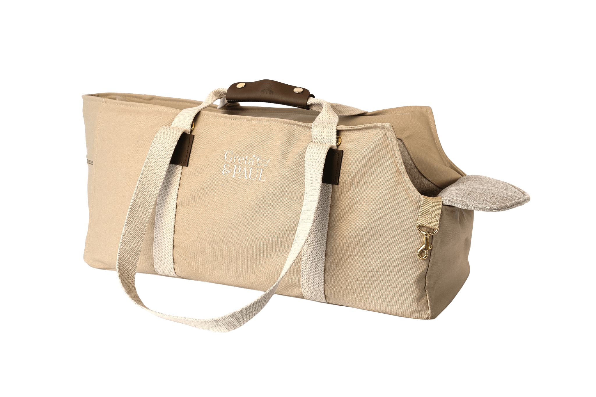 Gretas XL-Hundetasche aus der Sommer-Kollektion in Beige mit hellbeigefarbenem Leinen-Inlay, Trageansicht, ohne Netz