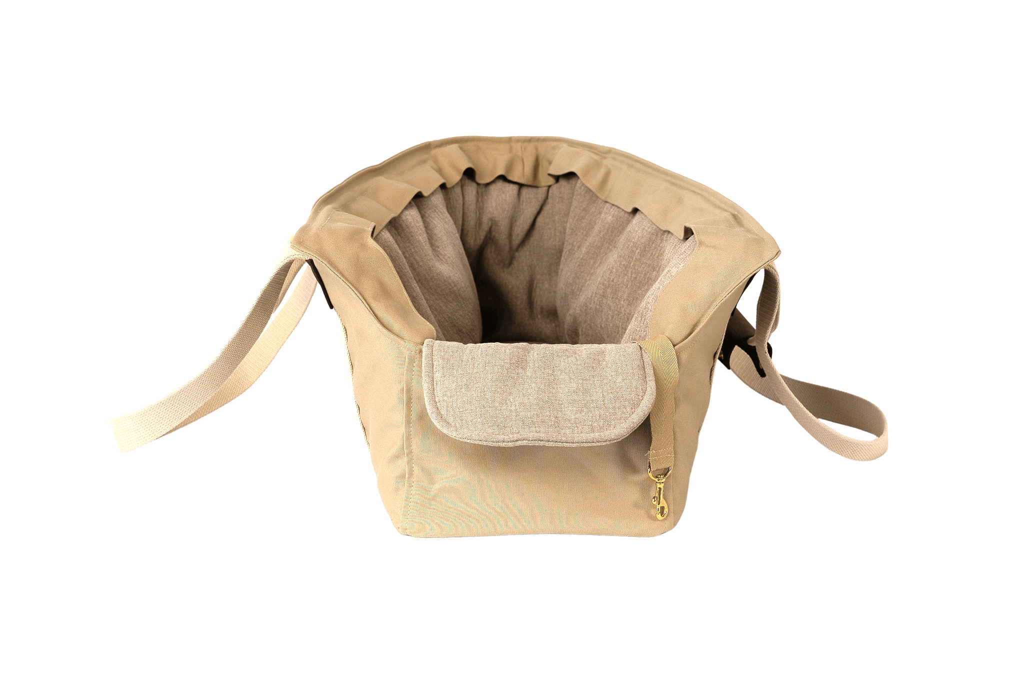 Gretas XL-Hundetasche aus der Sommer-Kollektion in Beige mit hellbeigefarbenem Leinen-Inlay, Vorderansicht, ohne Netz