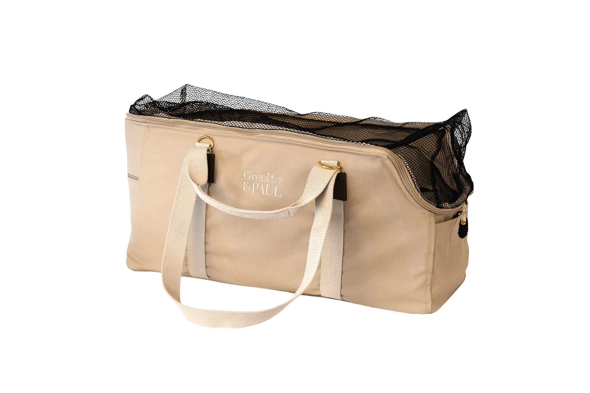 Greta's XL-Hundetasche aus der Sommer-Kollektion in Beige mit hellbeigefarbenem Leinen-Inlay, Ansicht mit geschlossenem Netz

