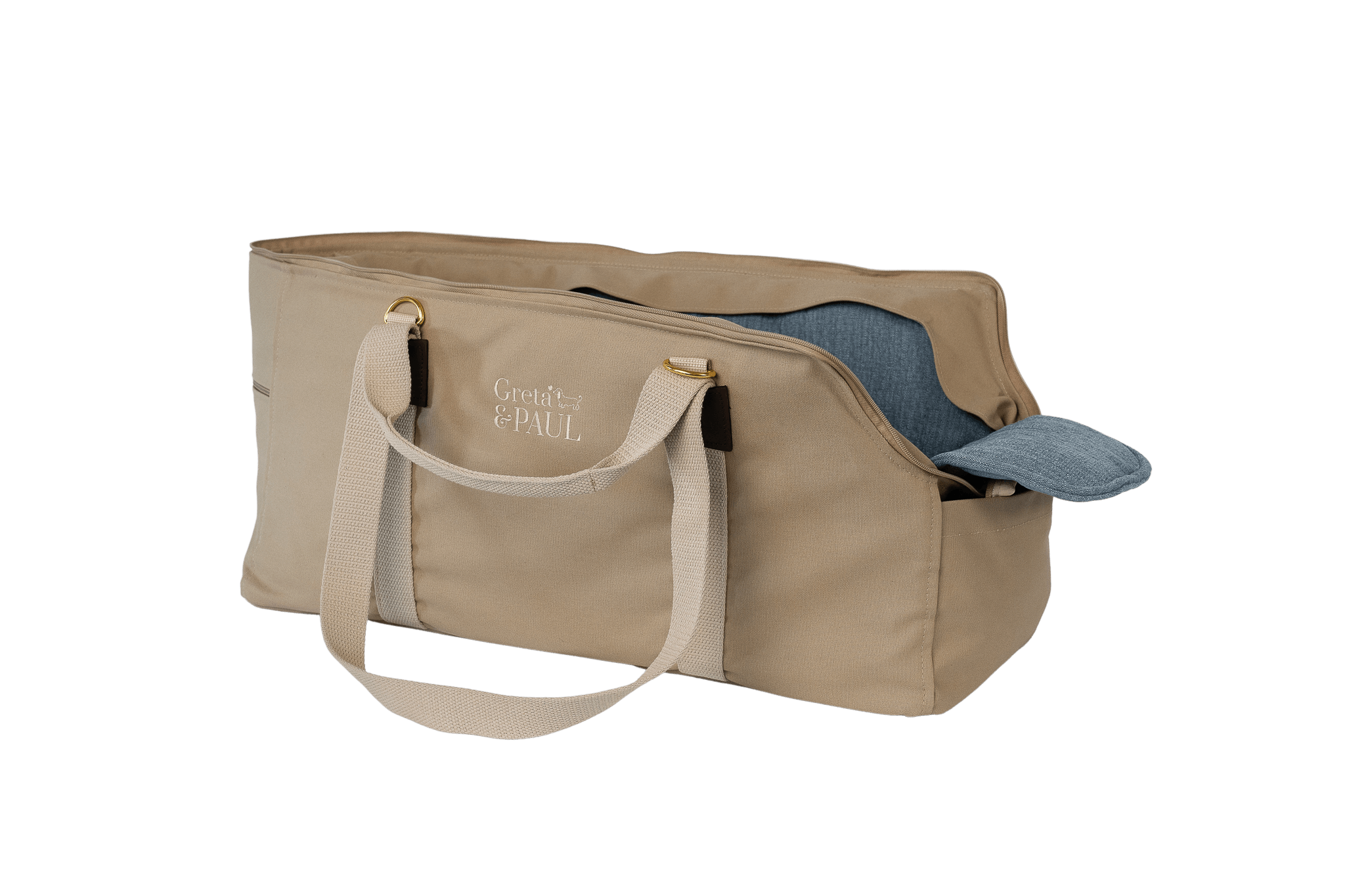 Gretas XL-Hundetasche aus der Sommer-Kollektion in Beige mit hellblauem Leinen-Inlay, Ansicht mit verstautem Netz