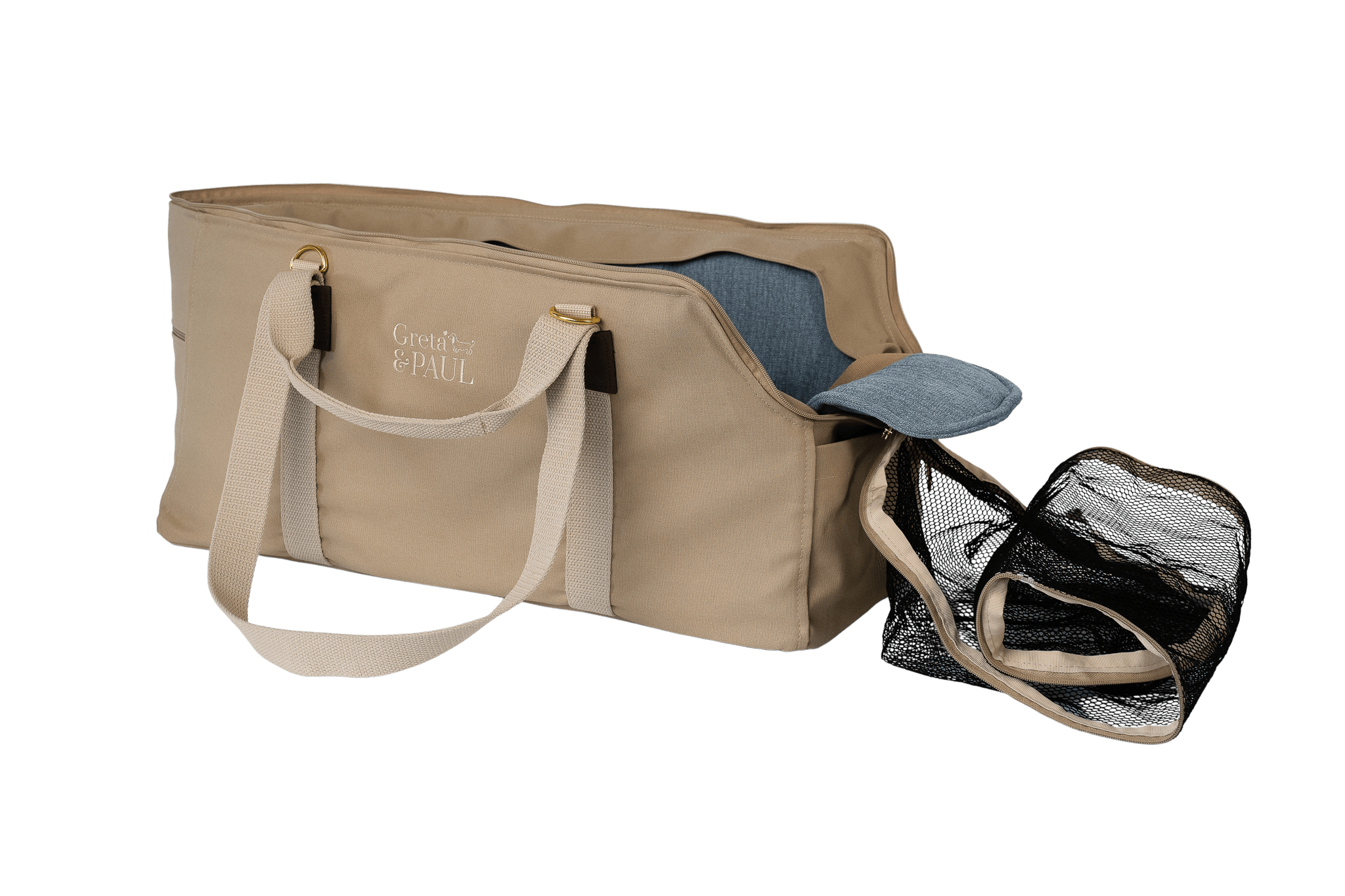 Greta's XL-Hundetasche aus der Sommer-Kollektion in Beige mit hellblauem Leinen-Inlay, Ansicht mit offenem Netz
