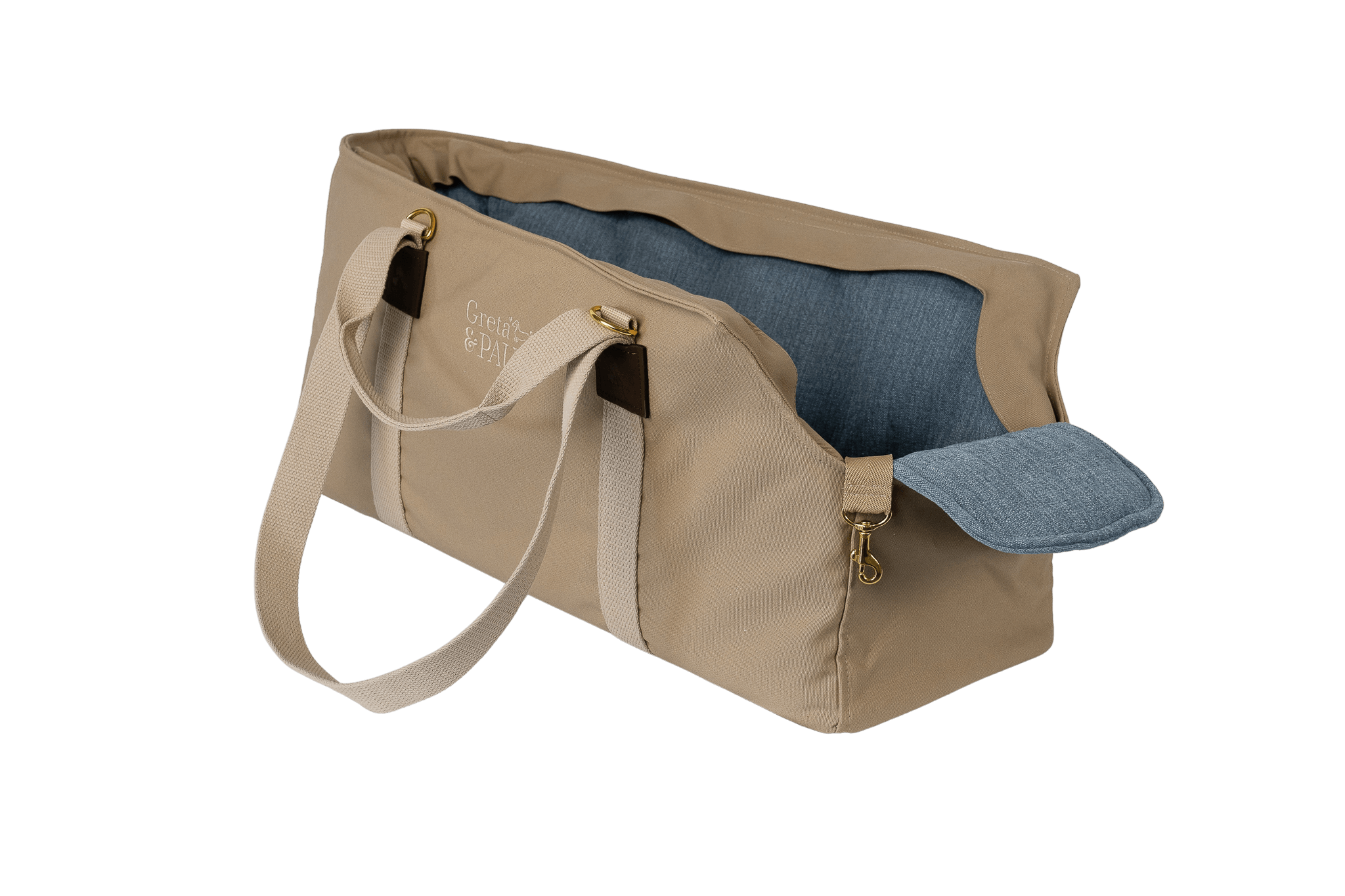 Gretas XL-Hundetasche aus der Sommer-Kollektion in Beige mit hellblauem Leinen-Inlay, ohne Netz