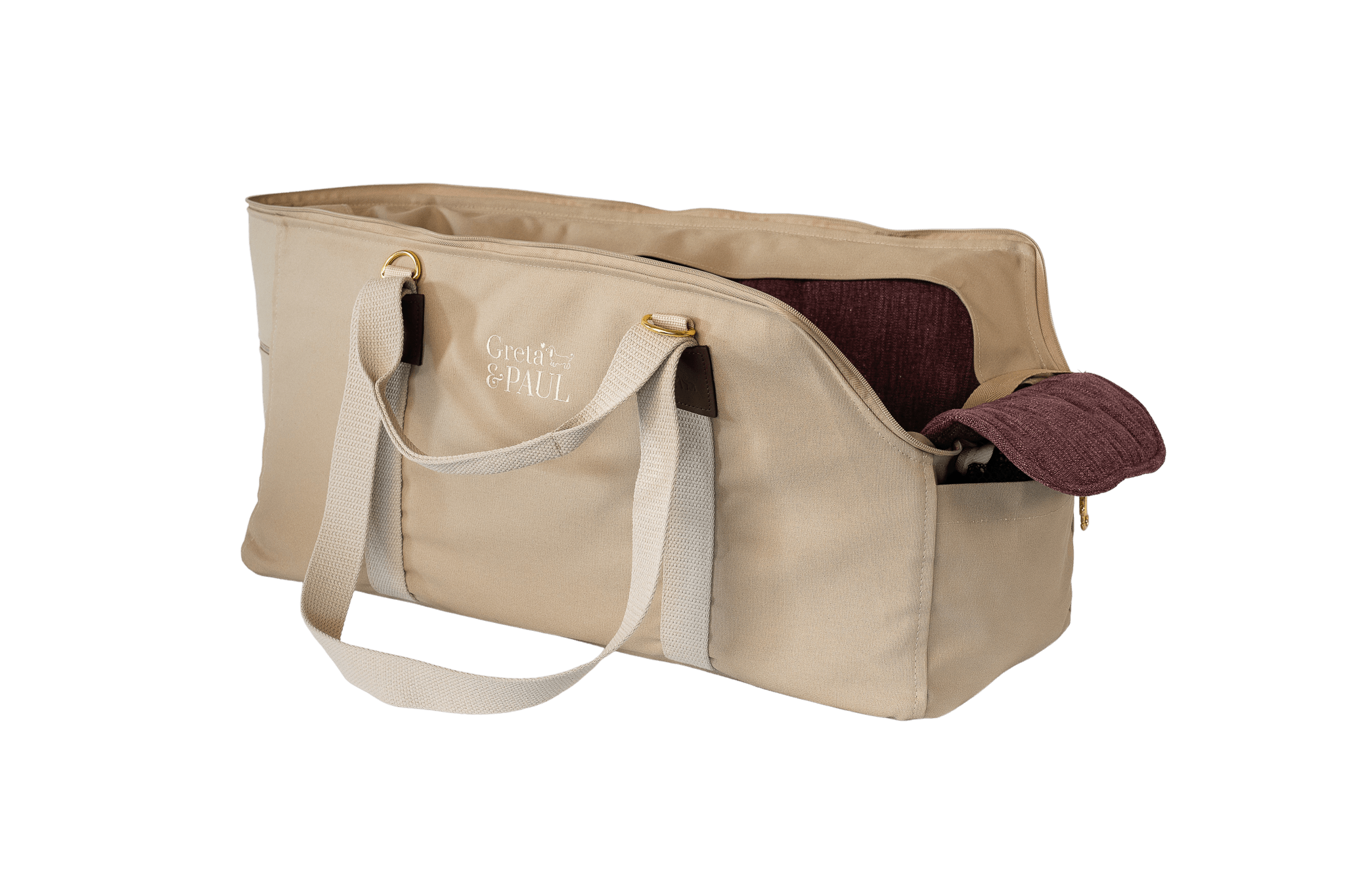 Gretas XL-Hundetasche aus der Sommer-Kollektion in Beige mit lilafarbenem Leinen-Inlay, Ansicht mit verstautem Netz