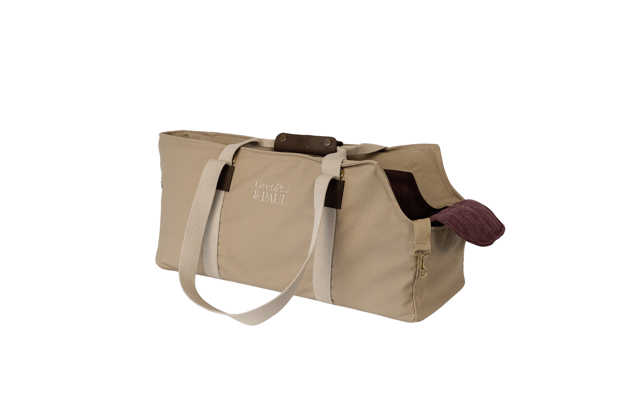 Gretas XL-Hundetasche aus der Sommer-Kollektion in Beige mit lilafarbenem Leinen-Inlay, Trageansicht, ohne Netz