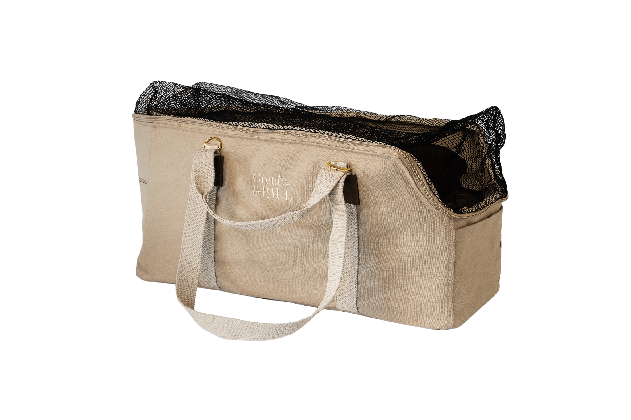 Gretas XL-Hundetasche aus der Sommer-Kollektion in Beige mit lilafarbenem Leinen-Inlay, Ansicht mit geschlossenem Netz