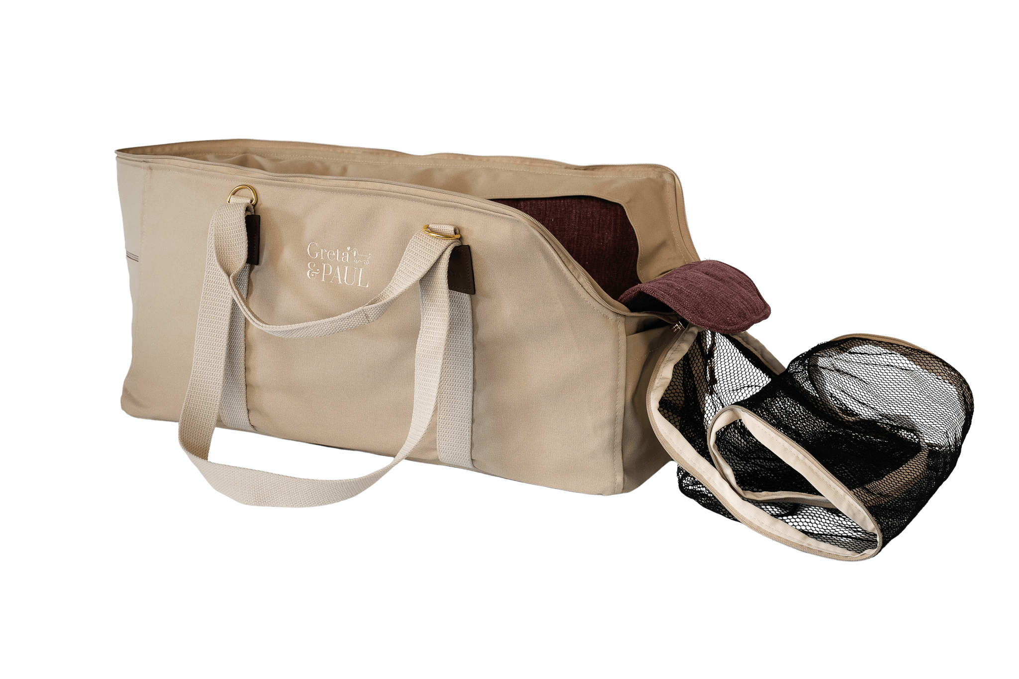 Greta's XL-Hundetasche aus der Sommer-Kollektion in Beige mit lilafarbenem Leinen-Inlay, Ansicht mit offenem Netz
