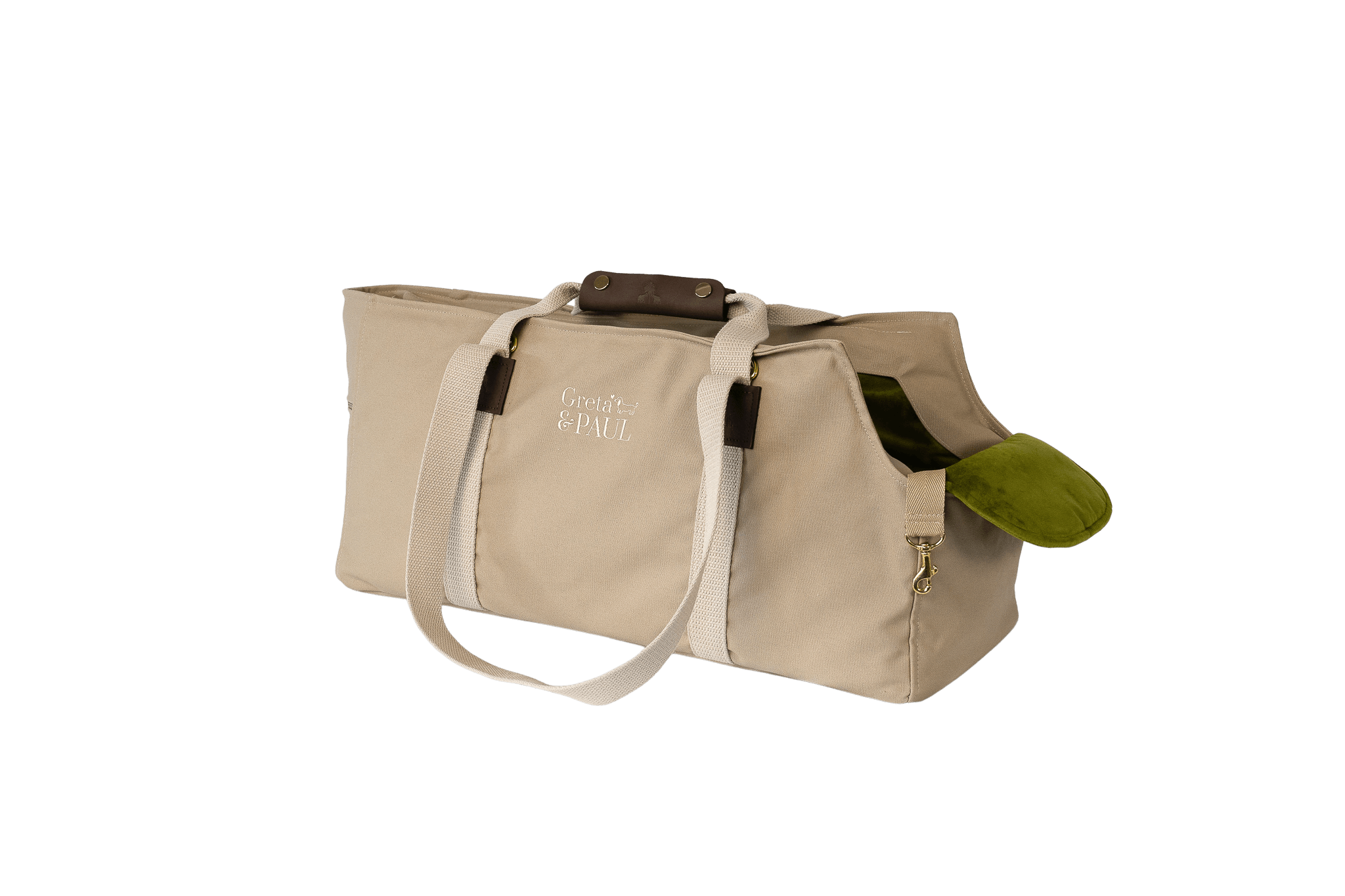 Gretas XL-Hundetasche aus der Sommer-Kollektion in Beige mit olivgrünem Samt-Inlay, Trageansicht, ohne Netz