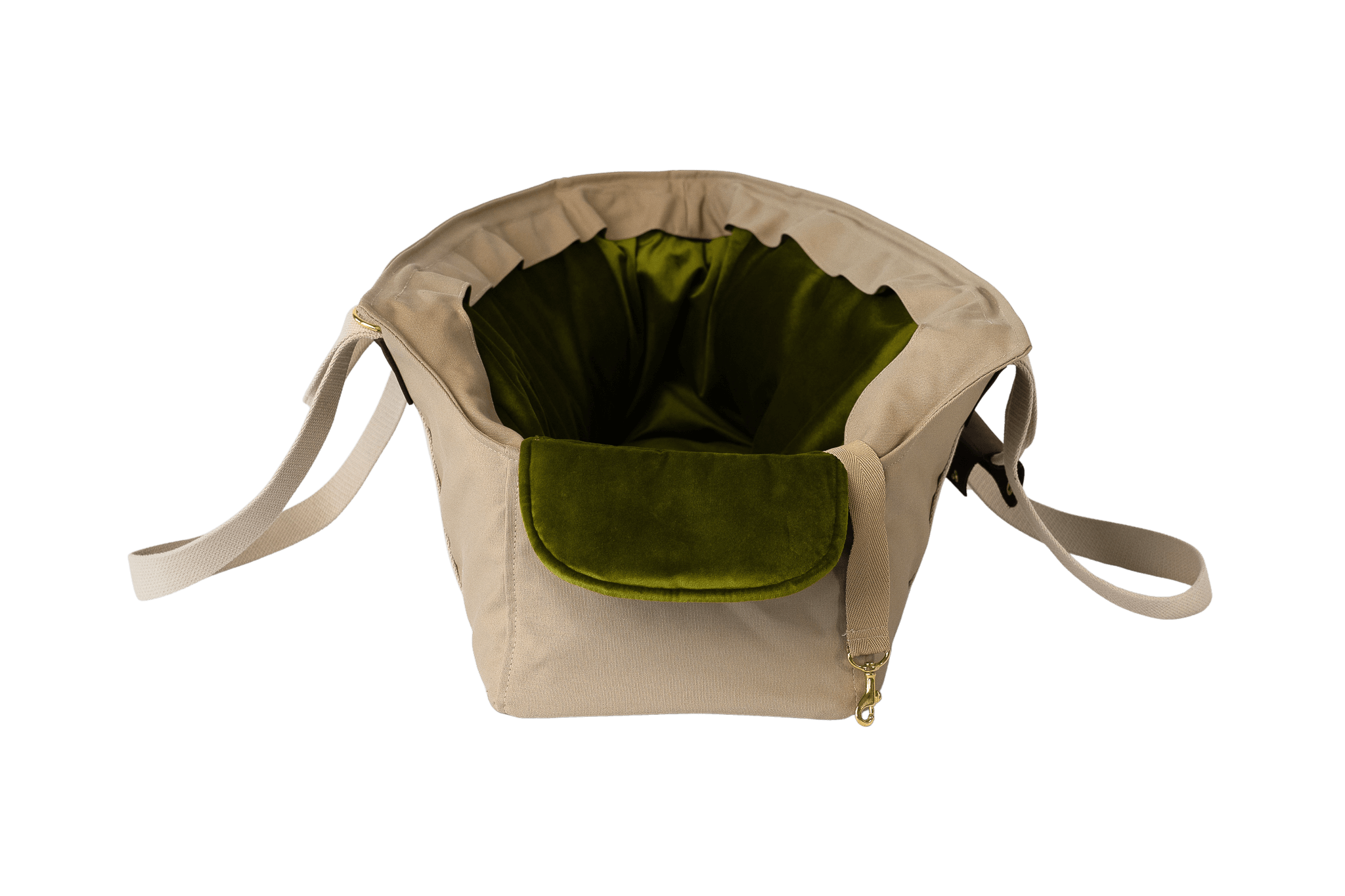 Gretas XL-Hundetasche aus der Sommer-Kollektion in Beige mit olivgrünem Samt-Inlay, Vorderansicht, ohne Netz